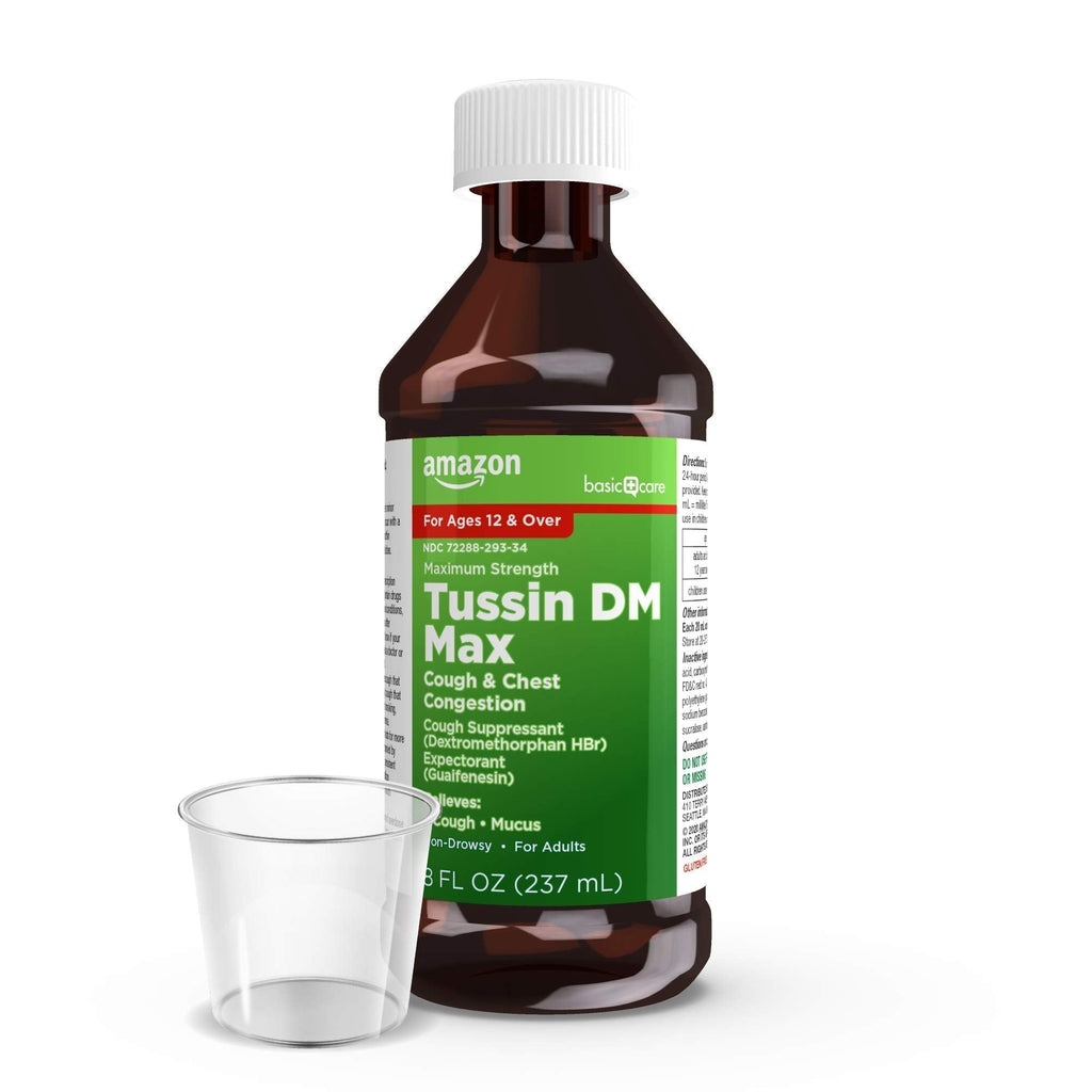 Amazon Basic Care Tussin DM MAX, Maximum Strength Cough and Chest Congestion Medicine, Non-Drowsy, Alcohol Free, Expectorant, Raspberry Menthol Flavor, 8 fl oz (Pack of 1) - Maple Wellness Supplements