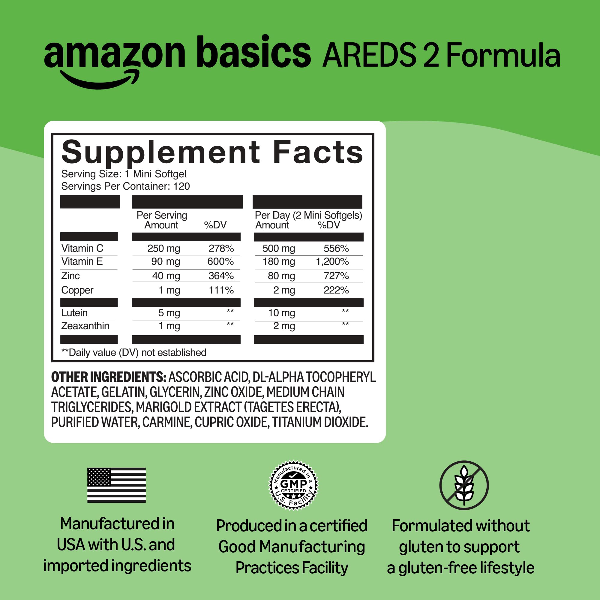 Amazon Basics Eye Vitamin and Mineral Supplement, AREDS 2 Formula with Lutein & Zeaxanthin, 120 Softgels - TrustMedUSA