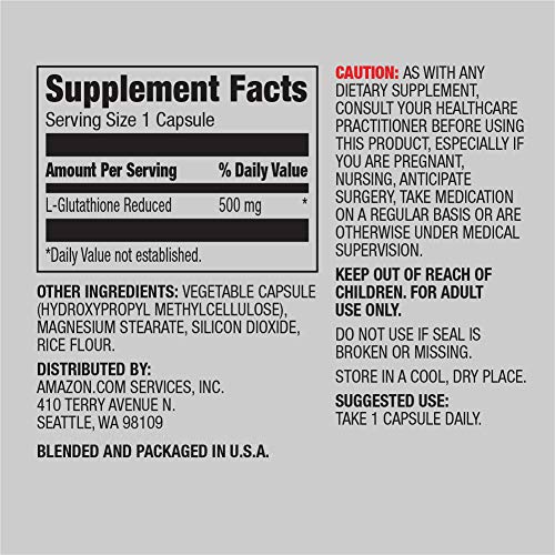 Amazon Elements Glutathione, Vegan, 500mg per Serving, 60 Capsules - TrustMedUSA