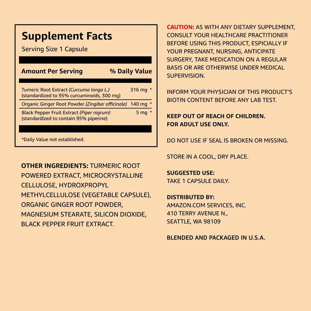 Amazon Elements Turmeric Complex, 316 mg Curcumin, 140 mg Ginger, 5 mg Black - TrustMedUSA