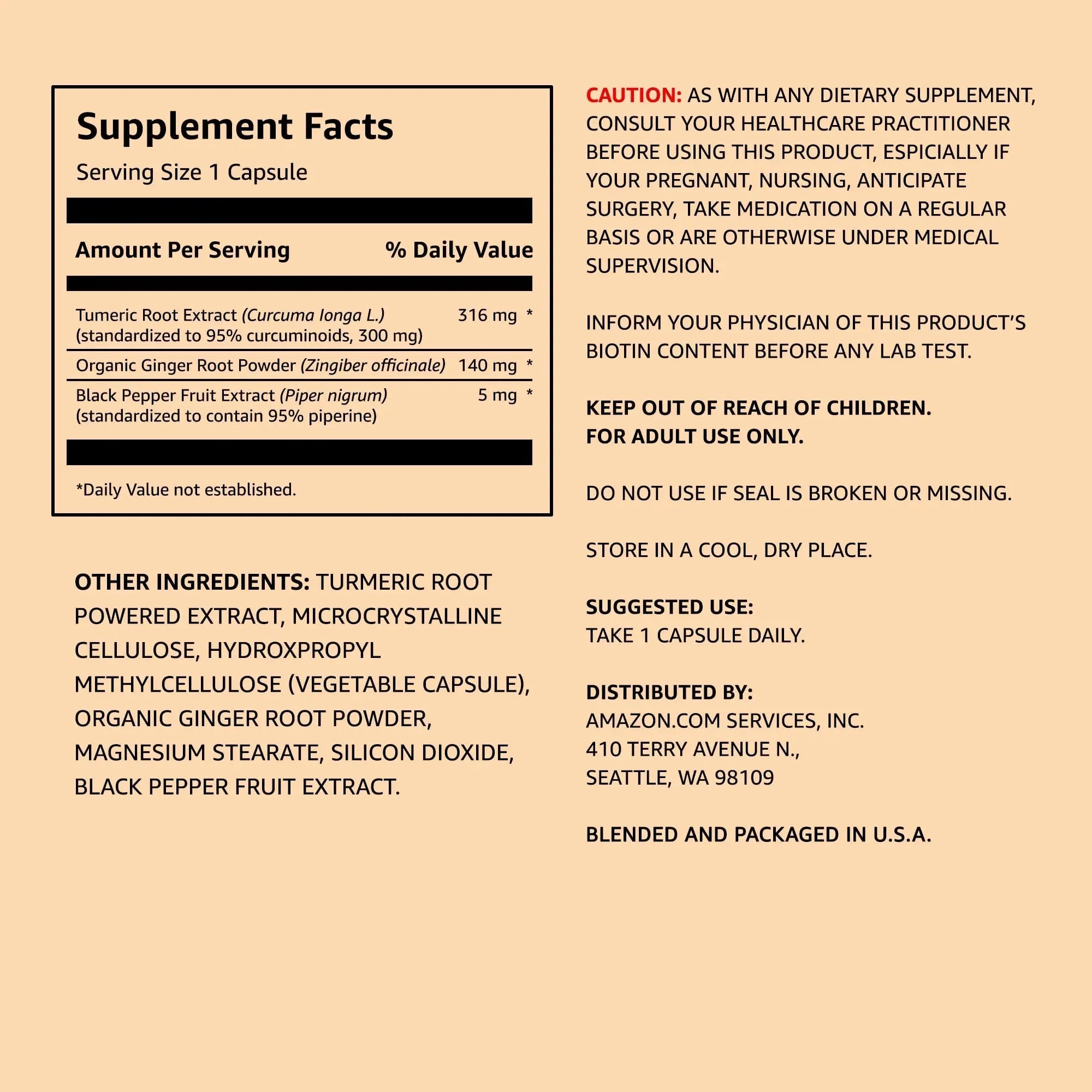 Amazon Elements Turmeric Complex, 316 mg Curcumin, 140 mg Ginger, 5 mg Black - TrustMedUSA