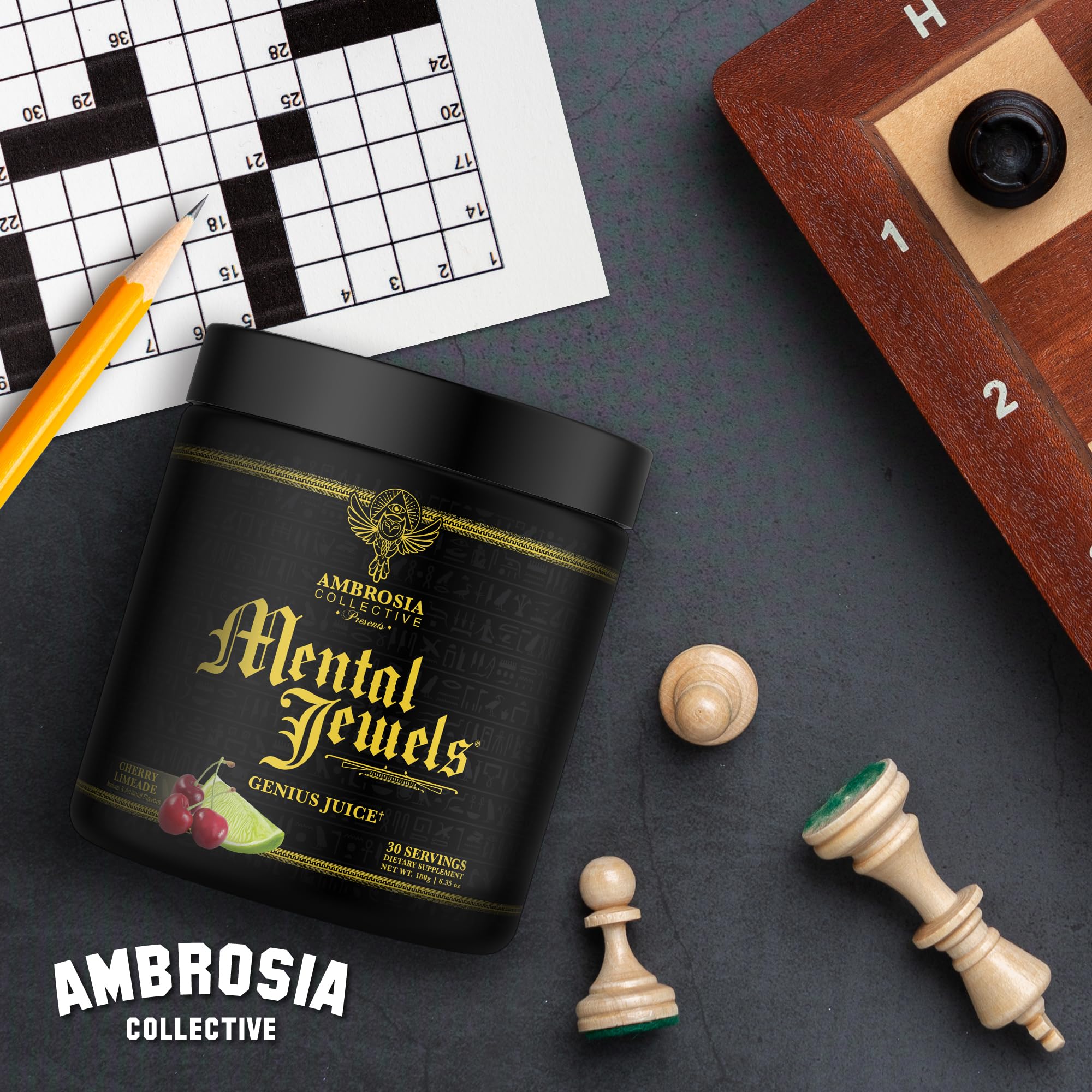 Ambrosia Mental Jewels Nootropic Brain Supplement Powder | Alpha GPC, Bacopa & Phosphatidylserine | Memory, Focus & Concentration Support | 30 Servings | Cherry Limeade - TrustMedUSA