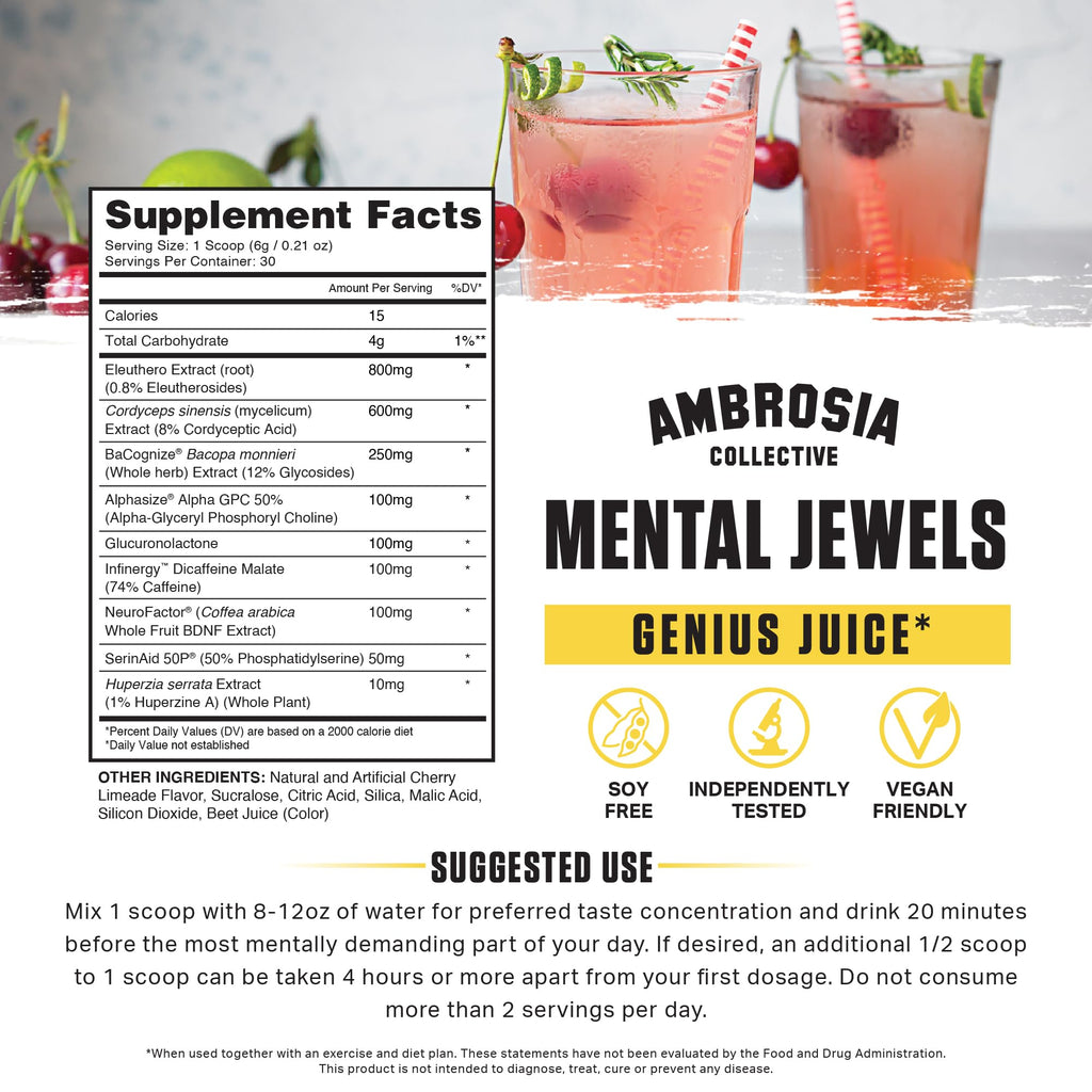 Ambrosia Mental Jewels Nootropic Brain Supplement Powder | Alpha GPC, Bacopa & Phosphatidylserine | Memory, Focus & Concentration Support | 30 Servings | Cherry Limeade - TrustMedUSA