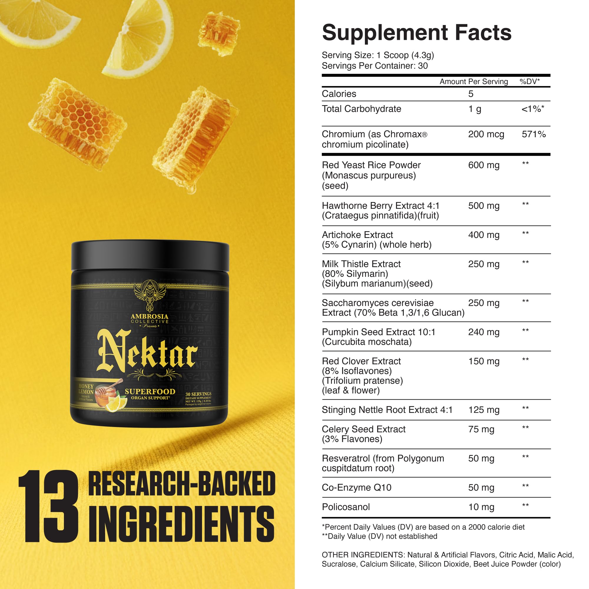 Ambrosia Superfood Organ & Cycle Support Powder | Liver & Kidney Support with Milk Thistle, Red Yeast Rice & CoQ10 | 13 Superfood Ingredients | 30 Servings | Honey Lemon - TrustMedUSA