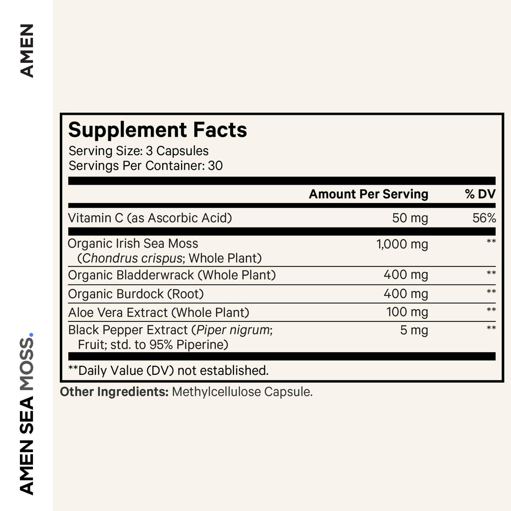 Amen Sea Moss Supplement - 1000mg Organic Irish Sea Moss, Bladderwrack, Burdock - Vitamin C, Aloe Vera, Black Pepper - Seaweed Superfood, Vitamins, Minerals, and Antioxidants - Non-GMO - 90 Capsules - TrustMedUSA