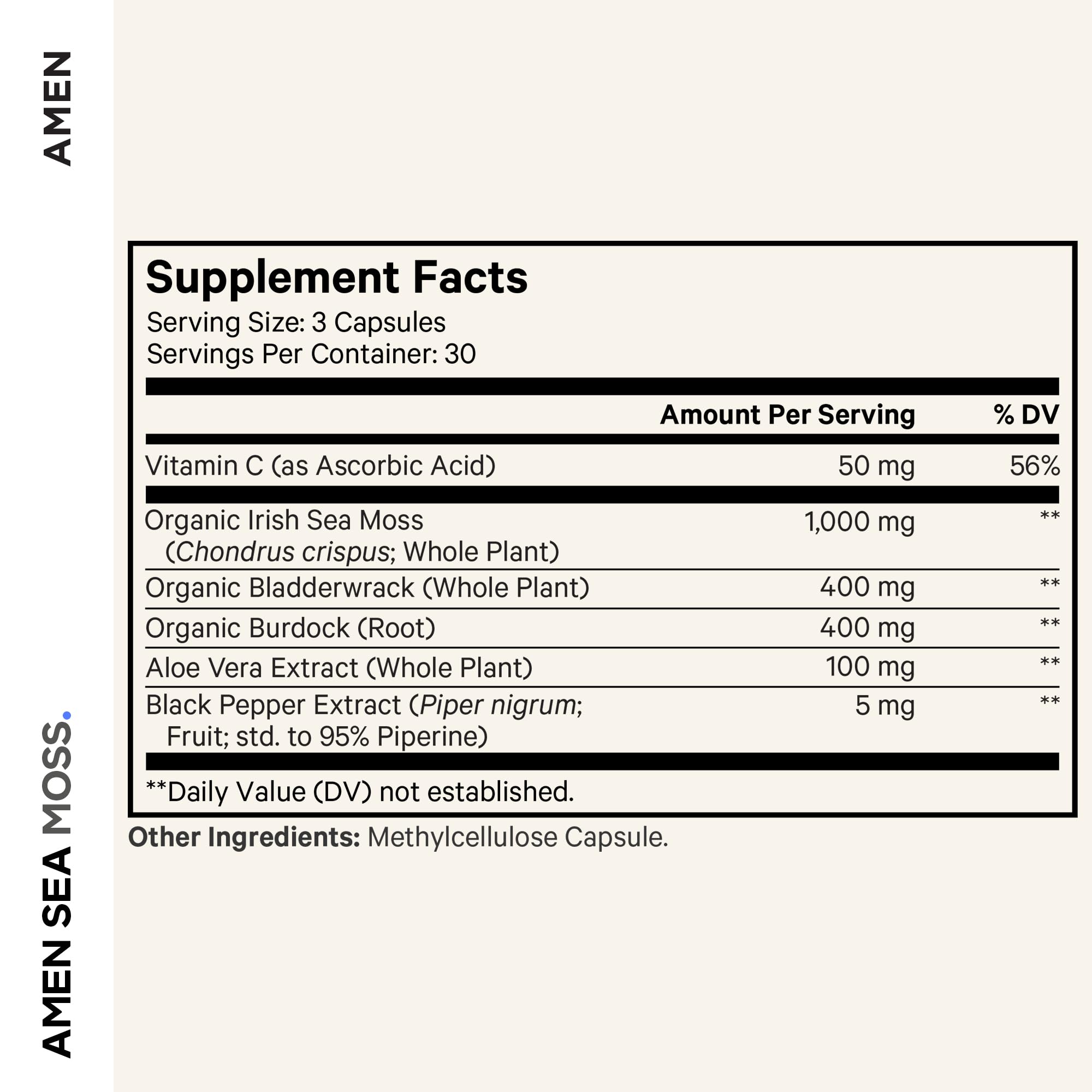 Amen Sea Moss Supplement - 1000mg Organic Irish Sea Moss, Bladderwrack, Burdock - Vitamin C, Aloe Vera, Black Pepper - Seaweed Superfood, Vitamins, Minerals, and Antioxidants - Non-GMO - 90 Capsules - TrustMedUSA