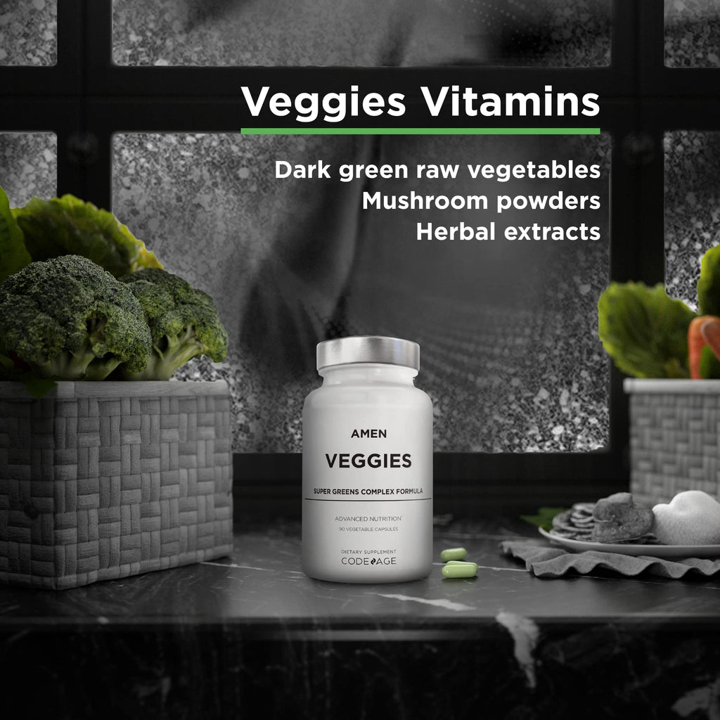 Amen Veggies, Daily Veggies Vitamins Supplement, Vegetables Vegan Blend & Whole-Food Raw Greens Multivitamin Capsules, Mushroom Complex, Superfood, Minerals, Green Vegetable Nutrients, Non-GMO, 90 ct - TrustMedUSA