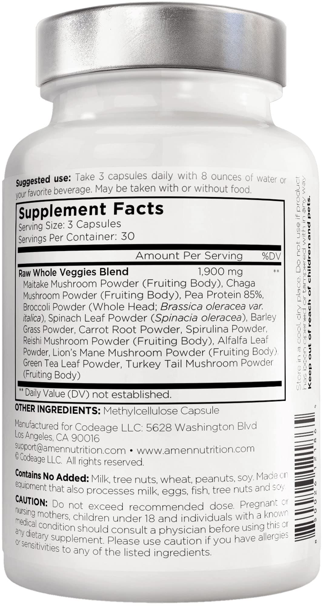 Amen Veggies, Daily Veggies Vitamins Supplement, Vegetables Vegan Blend & Whole-Food Raw Greens Multivitamin Capsules, Mushroom Complex, Superfood, Minerals, Green Vegetable Nutrients, Non-GMO, 90 ct - TrustMedUSA