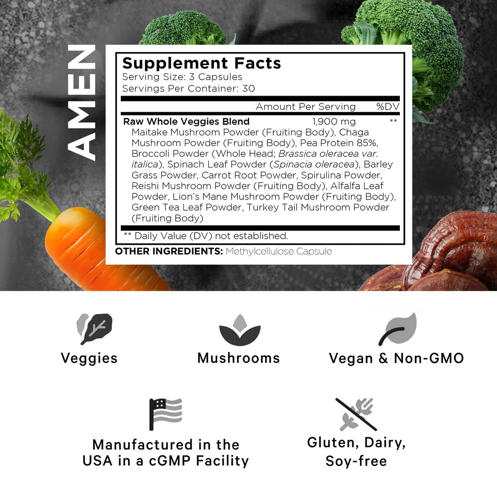 Amen Veggies, Daily Veggies Vitamins Supplement, Vegetables Vegan Blend & Whole-Food Raw Greens Multivitamin Capsules, Mushroom Complex, Superfood, Minerals, Green Vegetable Nutrients, Non-GMO, 90 ct - TrustMedUSA