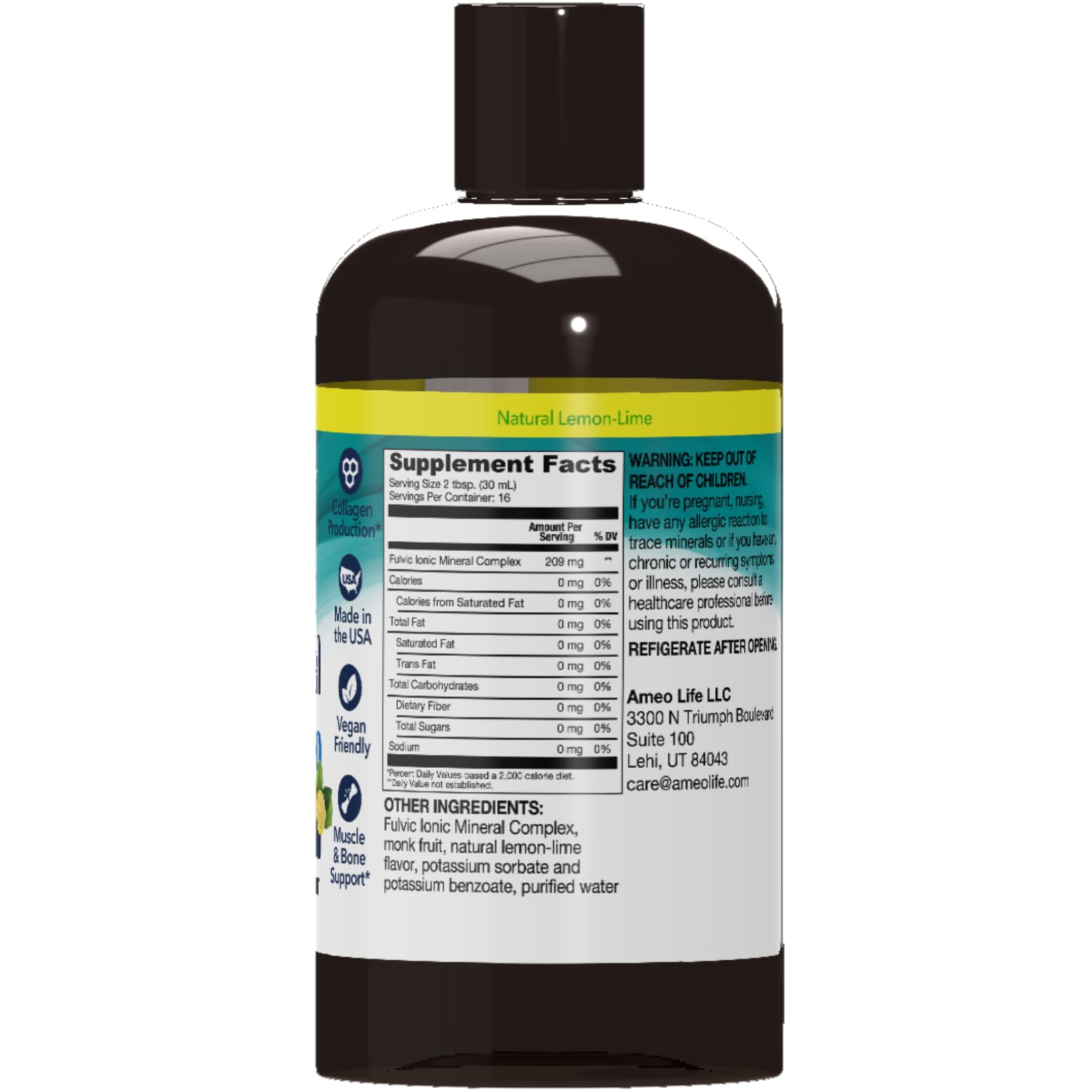 Ameo Life Fulvic Acid & Mineral Complex – Cellular Support, Detox, Collagen Boost – Promotes Skin, Hair, Nail Growth & Energy – Vegan, Gluten-Free, Non-GMO, Made in the USA -16 OZ - TrustMedUSA