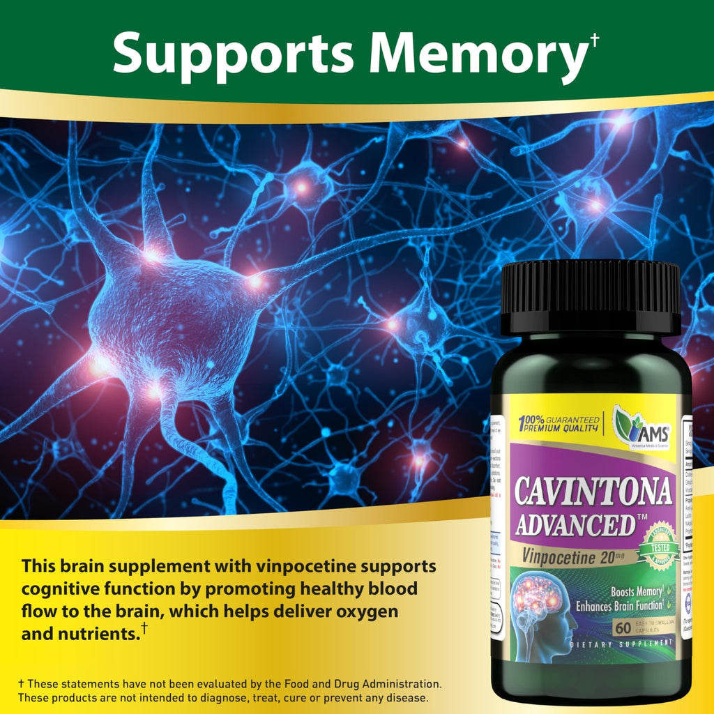 America Medic & Science Cavintona Advanced Supplement – Vinpocetine 20mg for Memory, Recall & Brain Health – Supports Cognitive Function, Focus, Mental Clarity & Blood Flow – 60 Capsules - TrustMedUSA