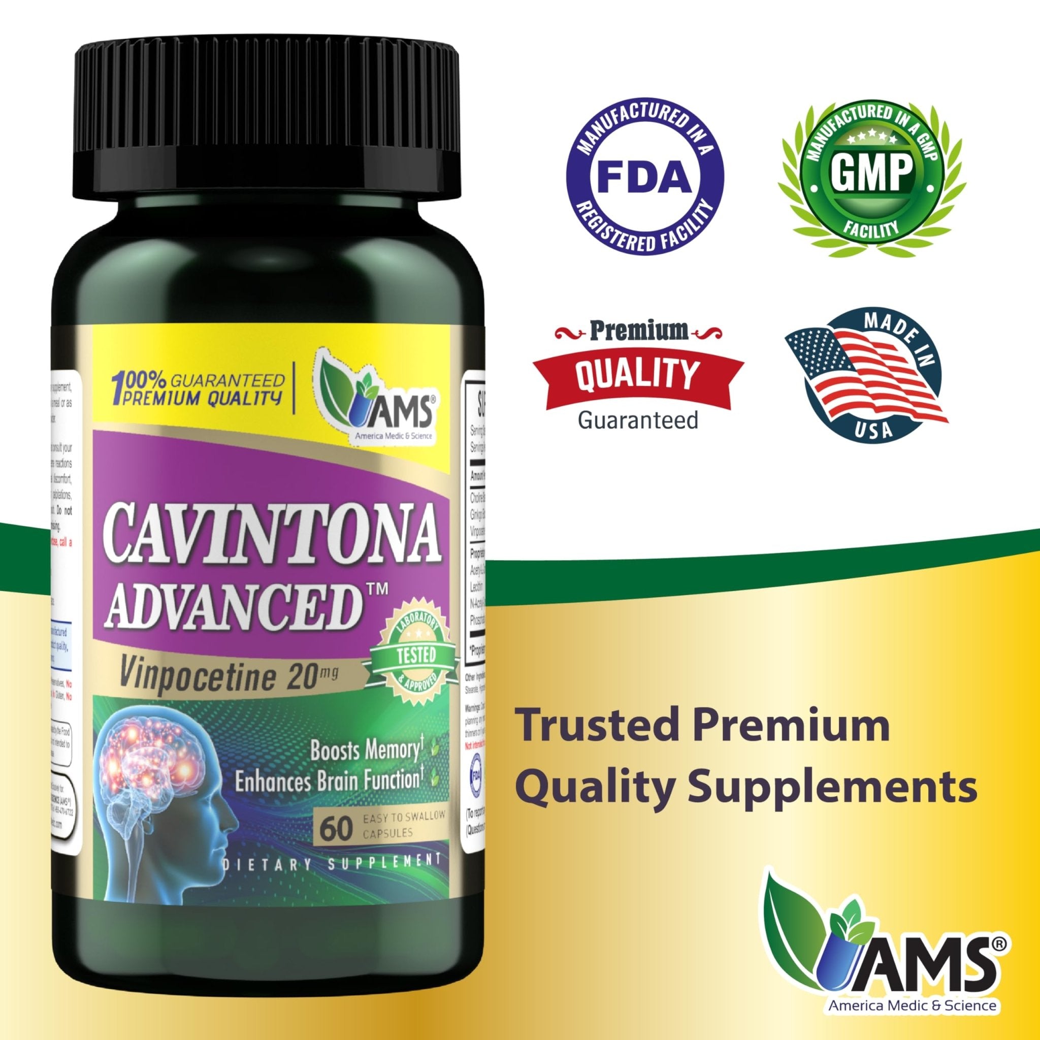 America Medic & Science Cavintona Advanced Supplement – Vinpocetine 20mg for Memory, Recall & Brain Health – Supports Cognitive Function, Focus, Mental Clarity & Blood Flow – 60 Capsules - TrustMedUSA