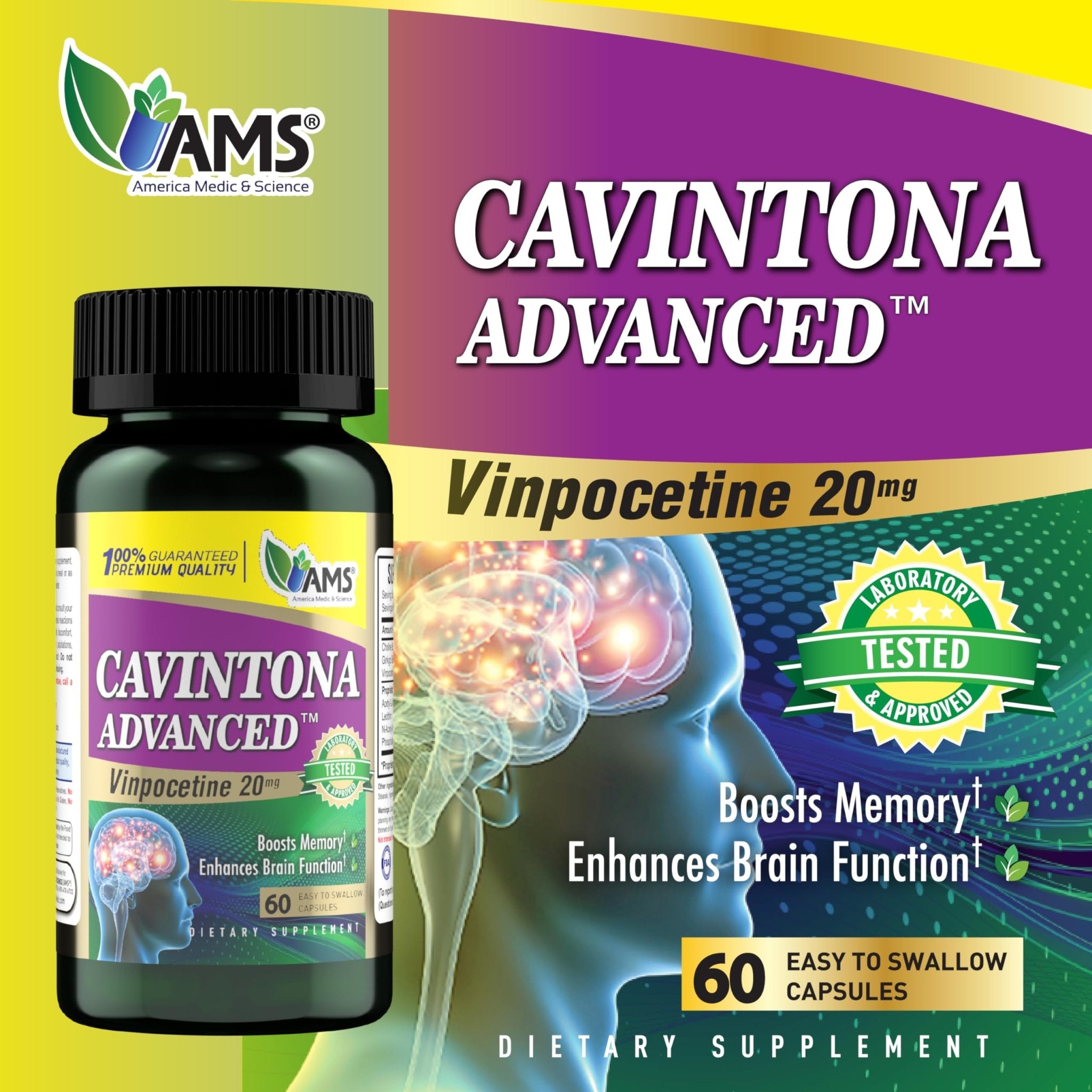 America Medic & Science Cavintona Advanced Supplement – Vinpocetine 20mg for Memory, Recall & Brain Health – Supports Cognitive Function, Focus, Mental Clarity & Blood Flow – 60 Capsules - TrustMedUSA
