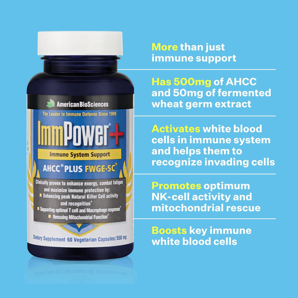 American BioSciences ImmPower Plus, AHCC & Fermented Wheat Germ Extract Herbal Supplement, 550mg per Capsule for Immune Support, Maintains Natural Killer Cell Activity, Pack of 1, 60 Veggie Capsules - TrustMedUSA