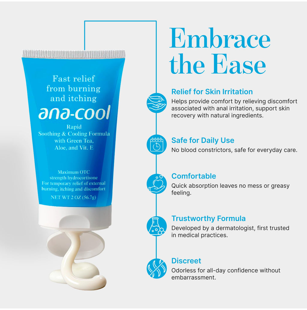 Ana-Cool Herbal Hemorrhoid Relief Cream - Fast Soothing for Bug Bites, Rashes, Irritations & More - 1% Hydrocortisone with Witch Hazel, Aloe & Vitamin E - Physician-Developed, 2 oz Tube - TrustMedUSA