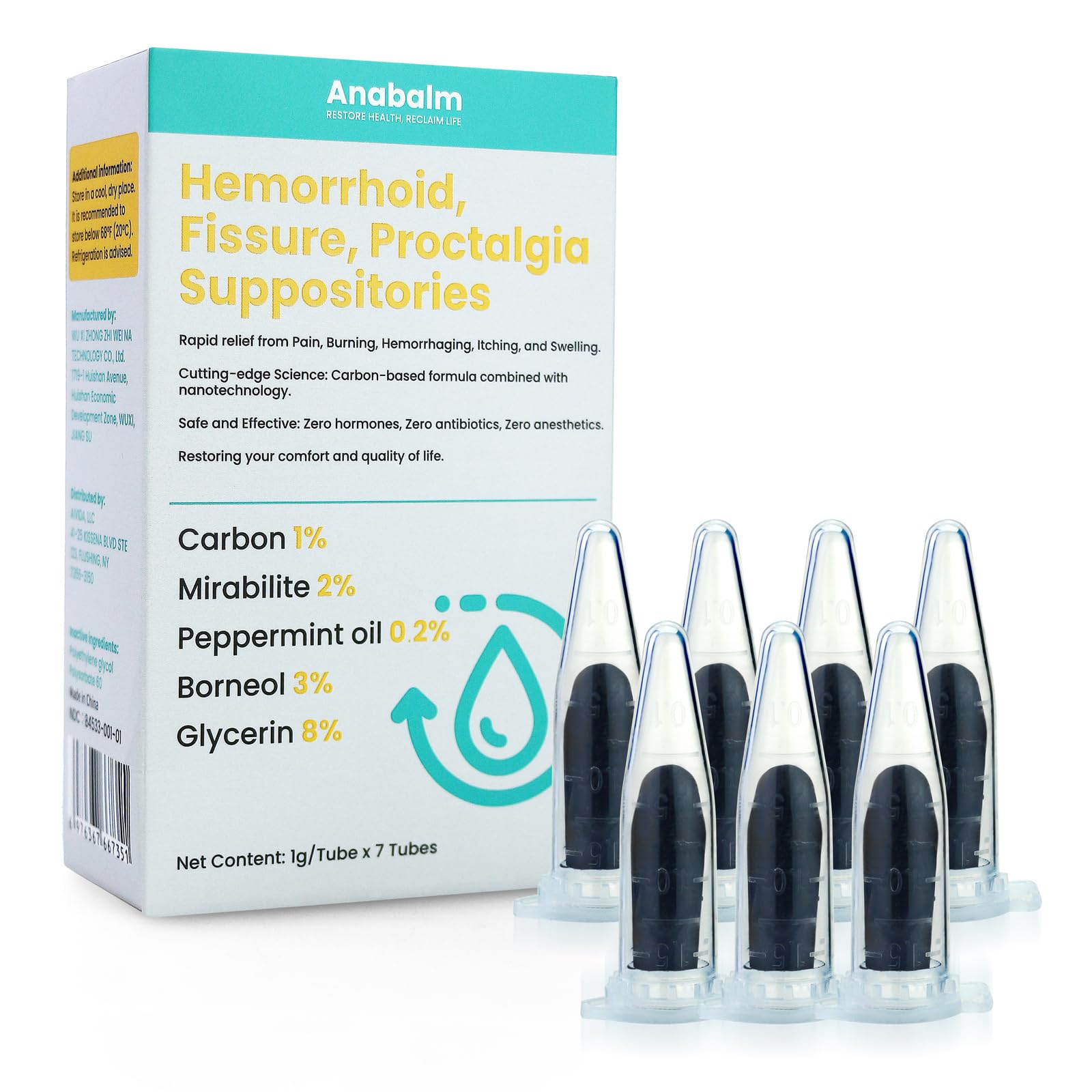 anabalm Hemorrhoid Treatment Suppositories, Natural Fissure Treatment for Anus Relief of Proctalgia, Pain, Itching, Swelling or Itch Discomfort - 7 Count - TrustMedUSA
