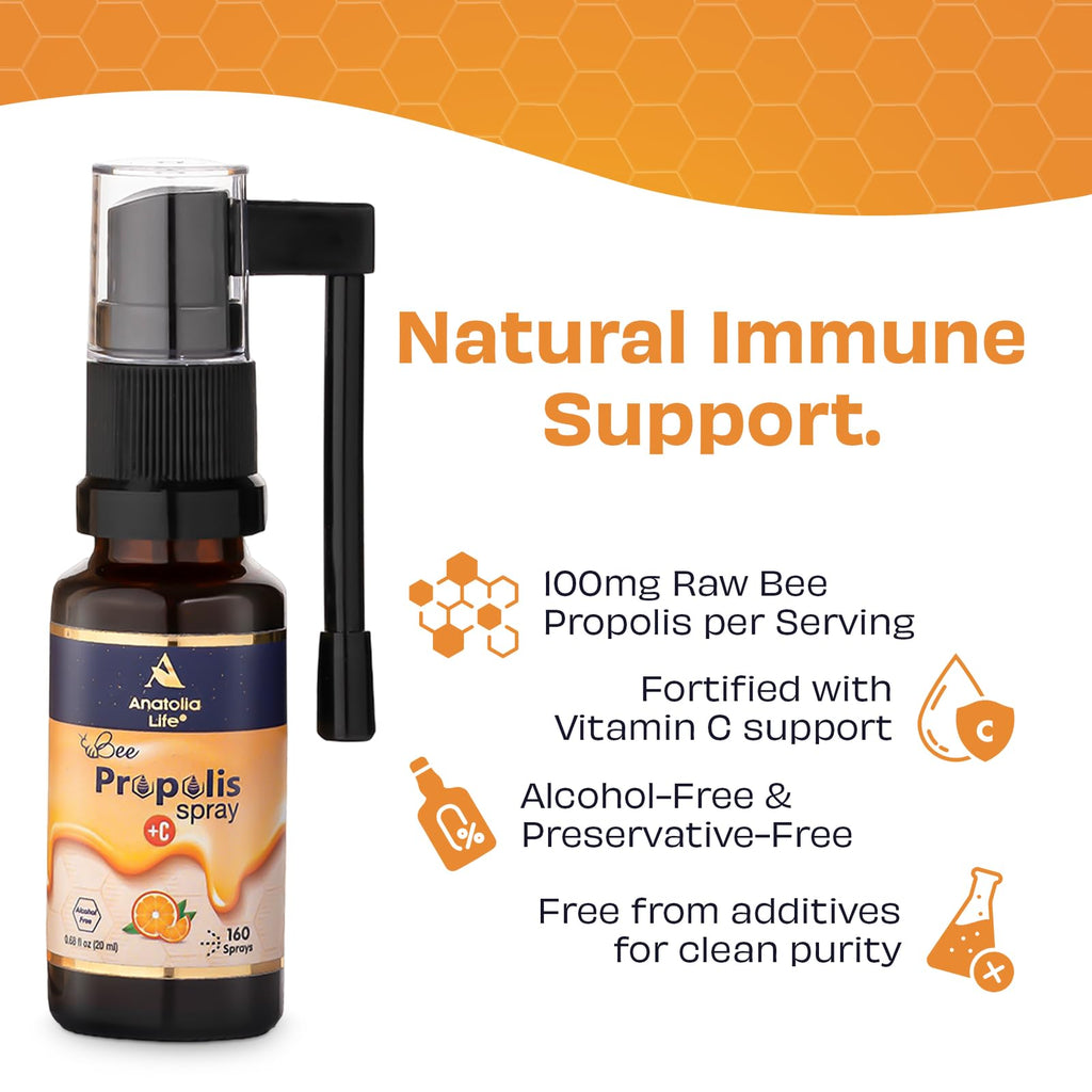 Anatolia Life Bee Propolis Spray + Vitamin C – Alcohol-Free, Natural Orange Flavor, 100% Pure Bee Propolis Extract, Antioxidant Support, Gentle Throat Comfort – 20 ml (~160 Sprays) - TrustMedUSA
