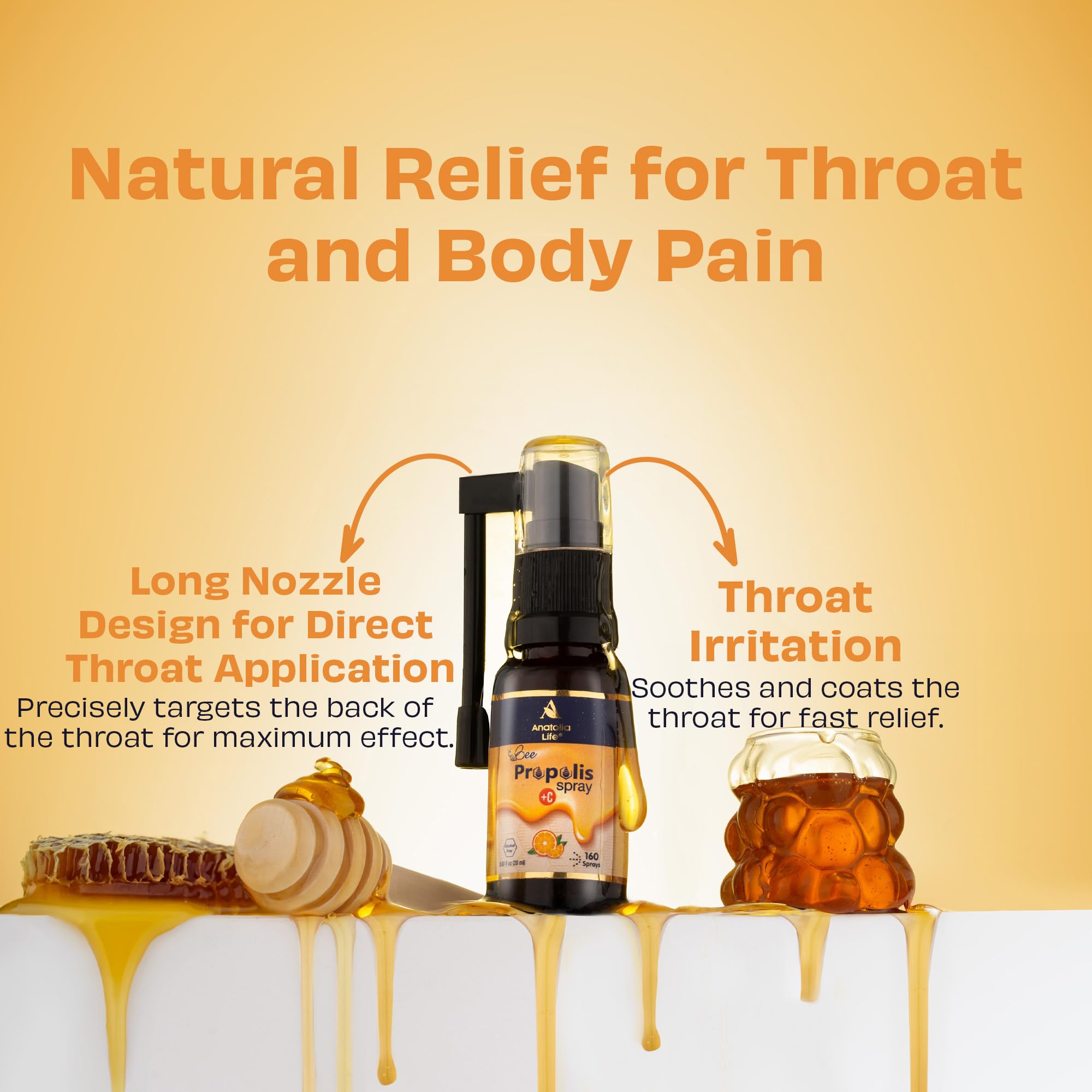 Anatolia Life Bee Propolis Spray + Vitamin C – Alcohol-Free, Natural Orange Flavor, 100% Pure Bee Propolis Extract, Antioxidant Support, Gentle Throat Comfort – 20 ml (~160 Sprays) - TrustMedUSA