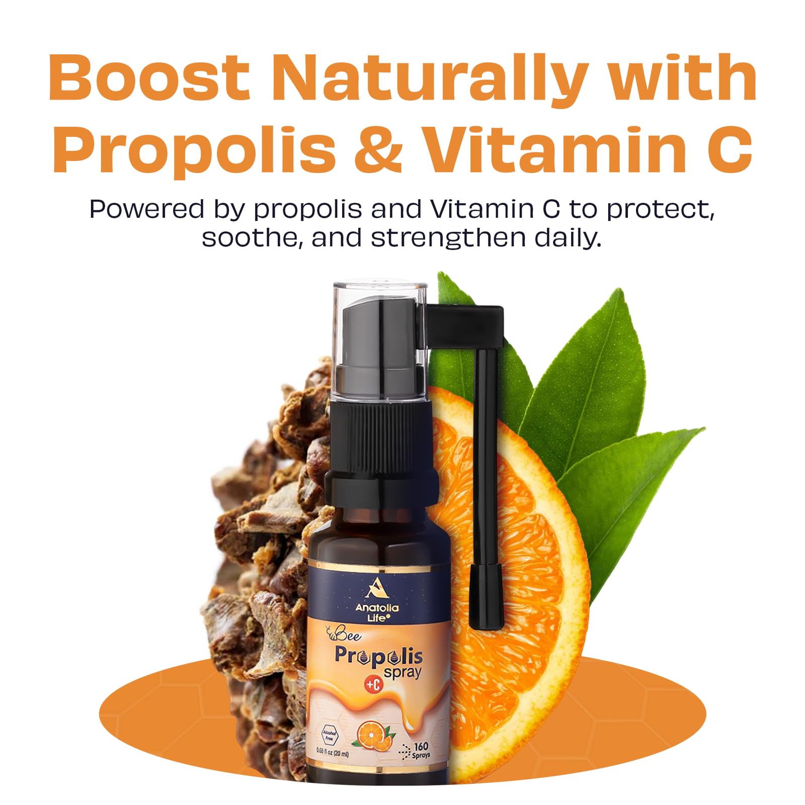 Anatolia Life Bee Propolis Spray + Vitamin C – Alcohol-Free, Natural Orange Flavor, 100% Pure Bee Propolis Extract, Antioxidant Support, Gentle Throat Comfort – 20 ml (~160 Sprays) - TrustMedUSA