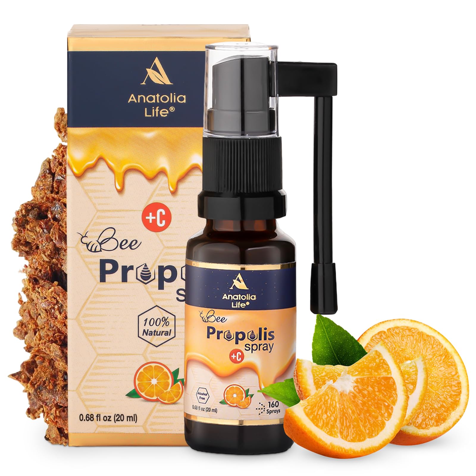 Anatolia Life Bee Propolis Spray + Vitamin C – Alcohol-Free, Natural Orange Flavor, 100% Pure Bee Propolis Extract, Antioxidant Support, Gentle Throat Comfort – 20 ml (~160 Sprays) - TrustMedUSA
