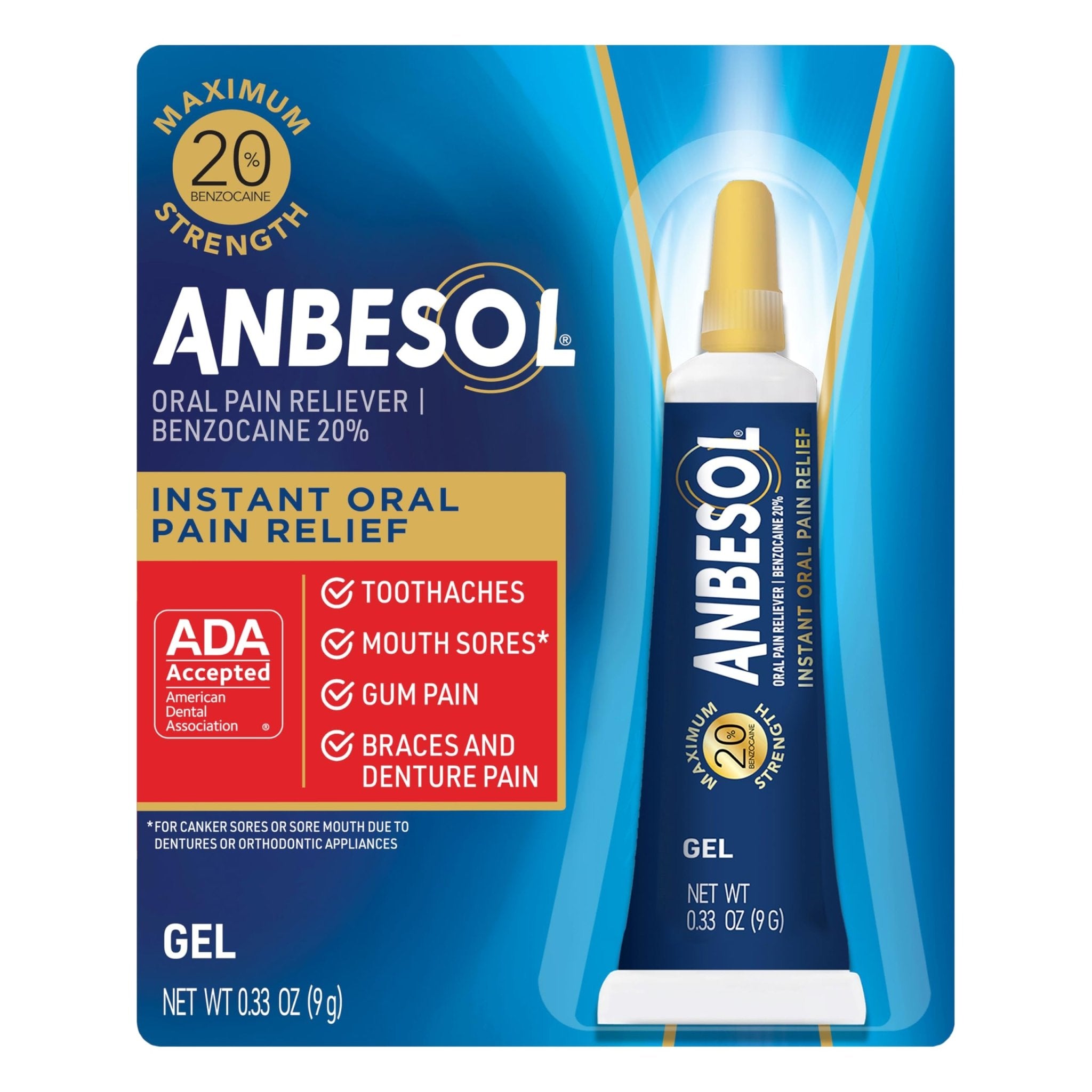 Anbesol Maximum Strength Gel - Instant Oral Pain Relief, for Toothaches, Gums, Braces, & Denture Pain, and Mouth Sores*, Canker Sore Treatment Inside Mouth, ADA Accepted, 0.33 oz - Maple Wellness Supplements