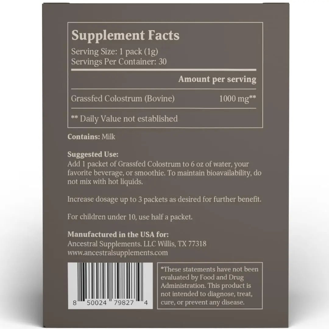 Ancestral Supplements Grass Fed Beef Bovine Colostrum Powder Packets, Immune Support - TrustMedUSA