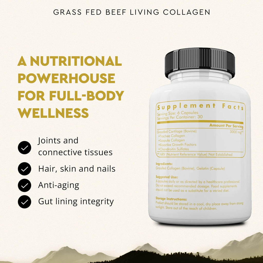 Ancestral Supplements Grass Fed Beef Living Collagen Nutritional Powder Supplement, 3000mg, Promotes Healthier, Younger Looking Skin, Hair, Nails and Joints, Type II, 180 Capsules - Maple Wellness Supplements