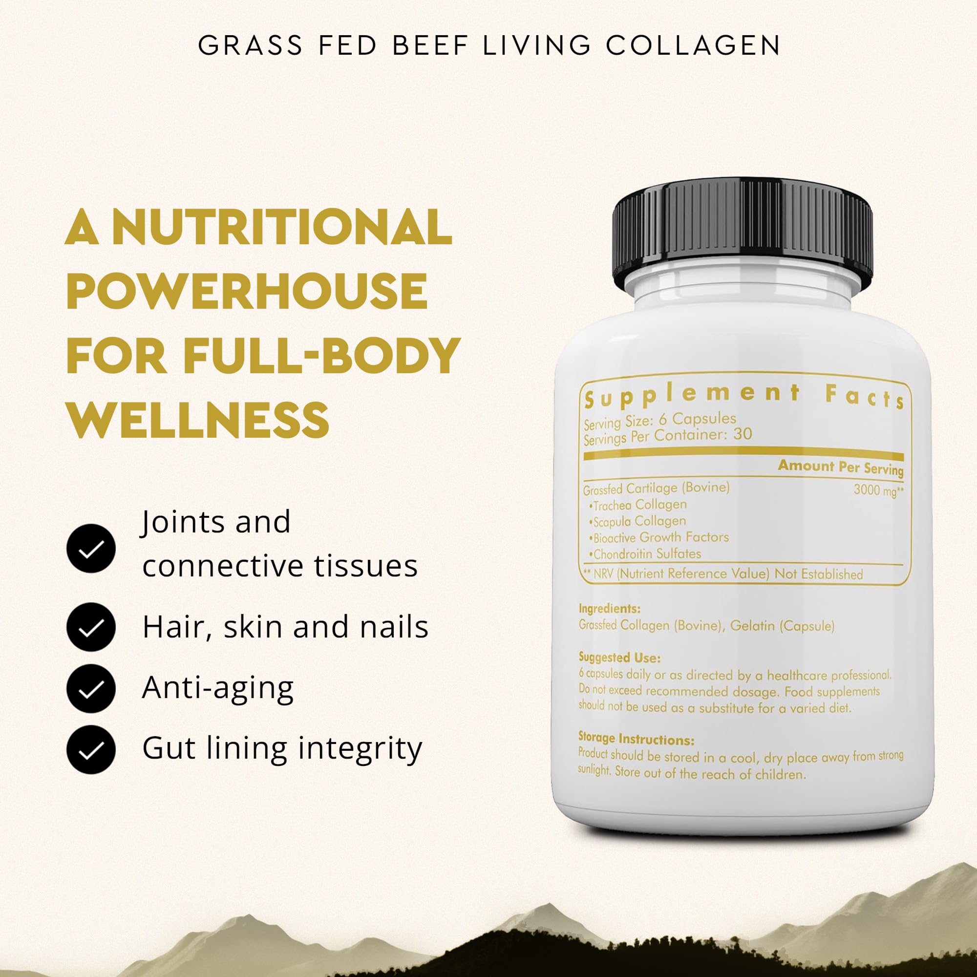 Ancestral Supplements Grass Fed Beef Living Collagen Nutritional Powder Supplement, 3000mg, Promotes Healthier, Younger Looking Skin, Hair, Nails and Joints, Type II, 180 Capsules - Maple Wellness Supplements