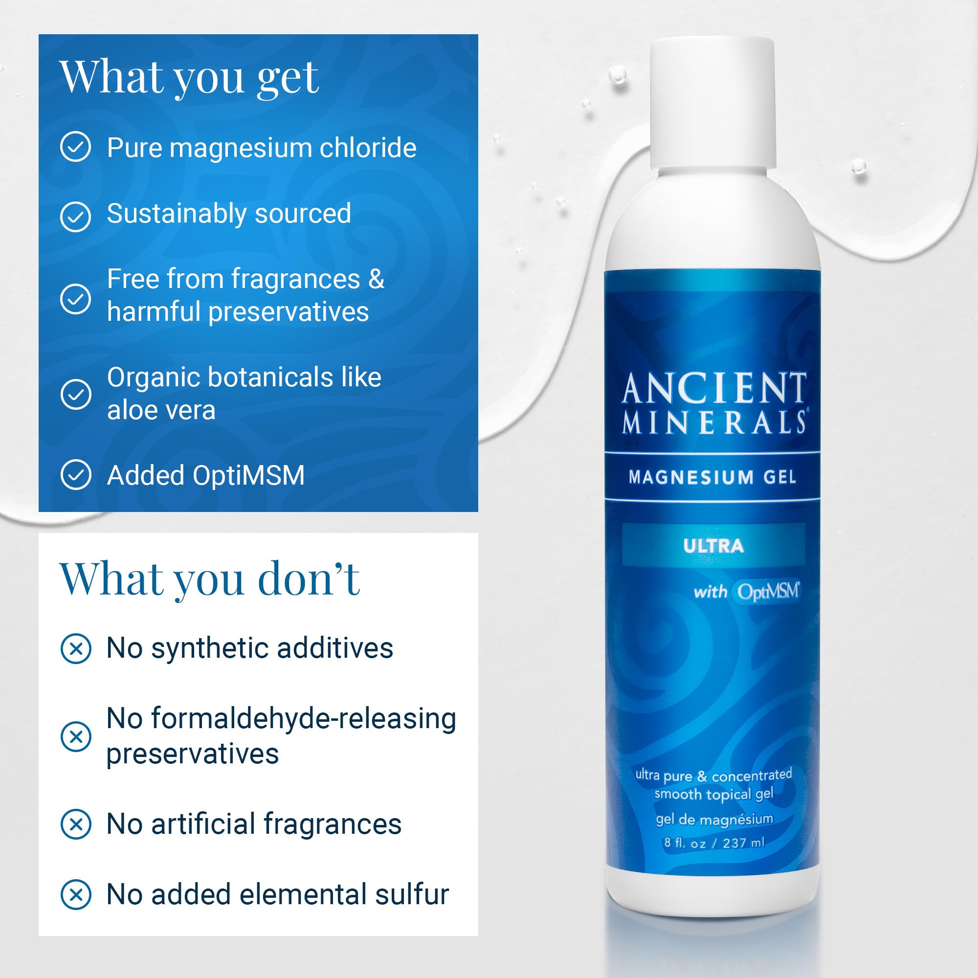 Ancient Minerals Magnesium Gel Ultra with OptiMSM and Aloe Vera - Topical Magnesium Gel Formula with MSM Best Used for Massage and Topical Application (8oz) - TrustMedUSA
