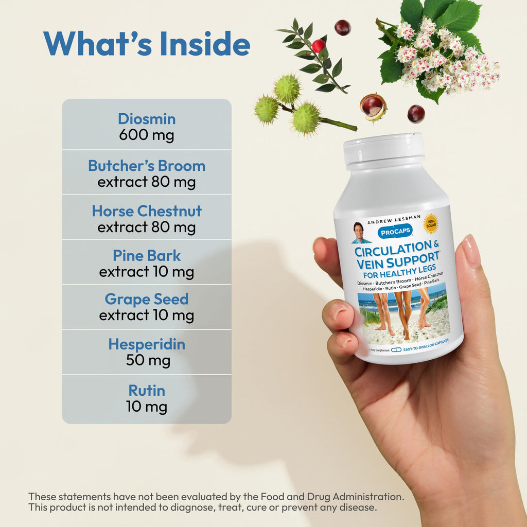 ANDREW LESSMAN Circulation, Vein Support for Healthy Legs 180 Capsules - High Bioactivity Diosmin, Butcher's Broom, Visibly Reduces Swelling and Discomfort in Feet, Ankles, Calves, Legs - TrustMedUSA