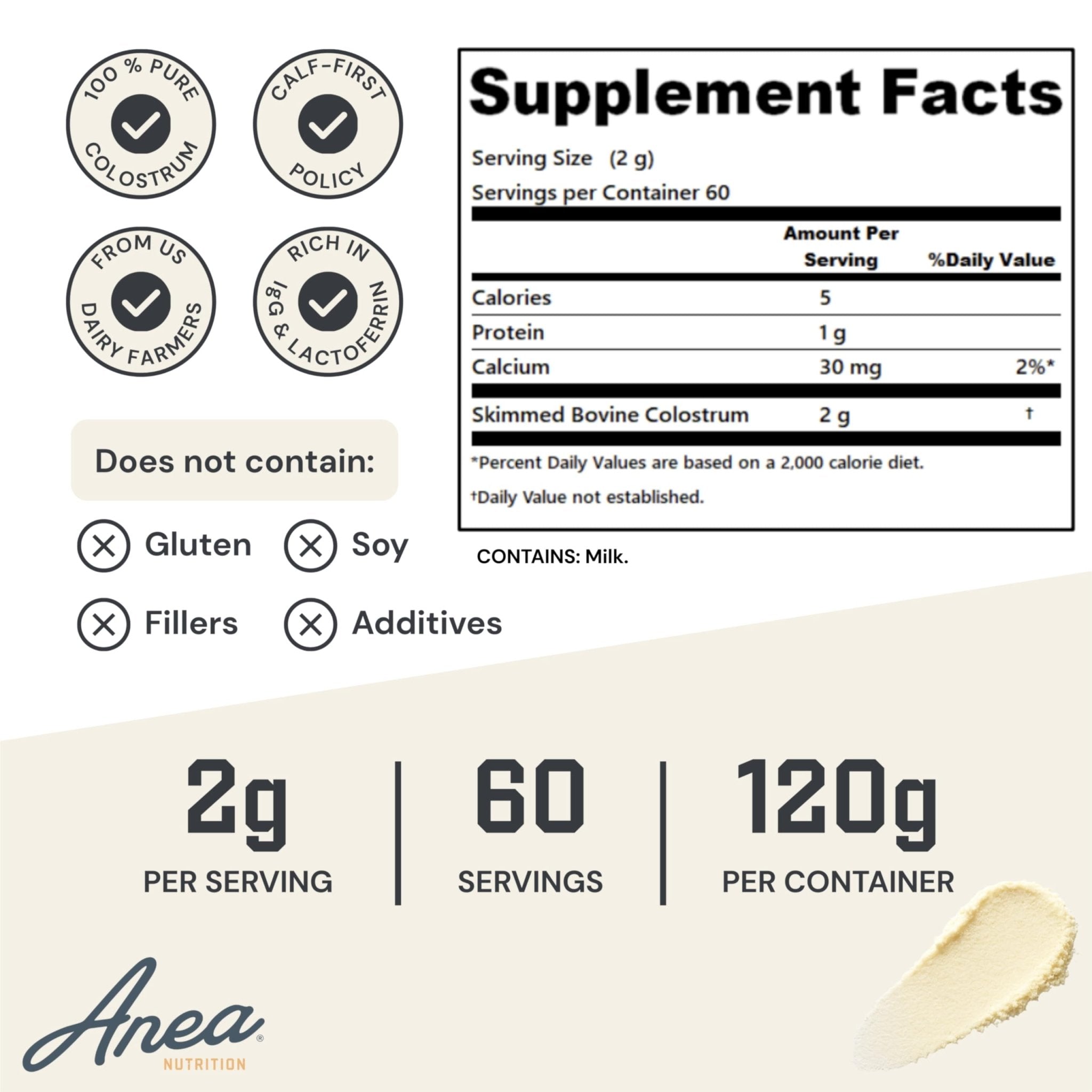 Anea Colostrum - Unflavored | Rich in Immunoglobulins & Lactoferrin | Supports Gut Health, Immunity & Recovery | Calf-First Promise | Made in USA | Made in GMP Facility - TrustMedUSA