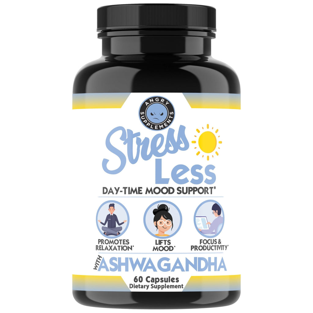 Angry Supplements Stress Less Day-Time Mood Support Pills – Natural Stress Relief with Ashwagandha, Rhodiola, L-Theanine, Magnesium & B Vitamins– Calm Focus & Mental Clarity – 60 Capsules (1-Bottle) - TrustMedUSA