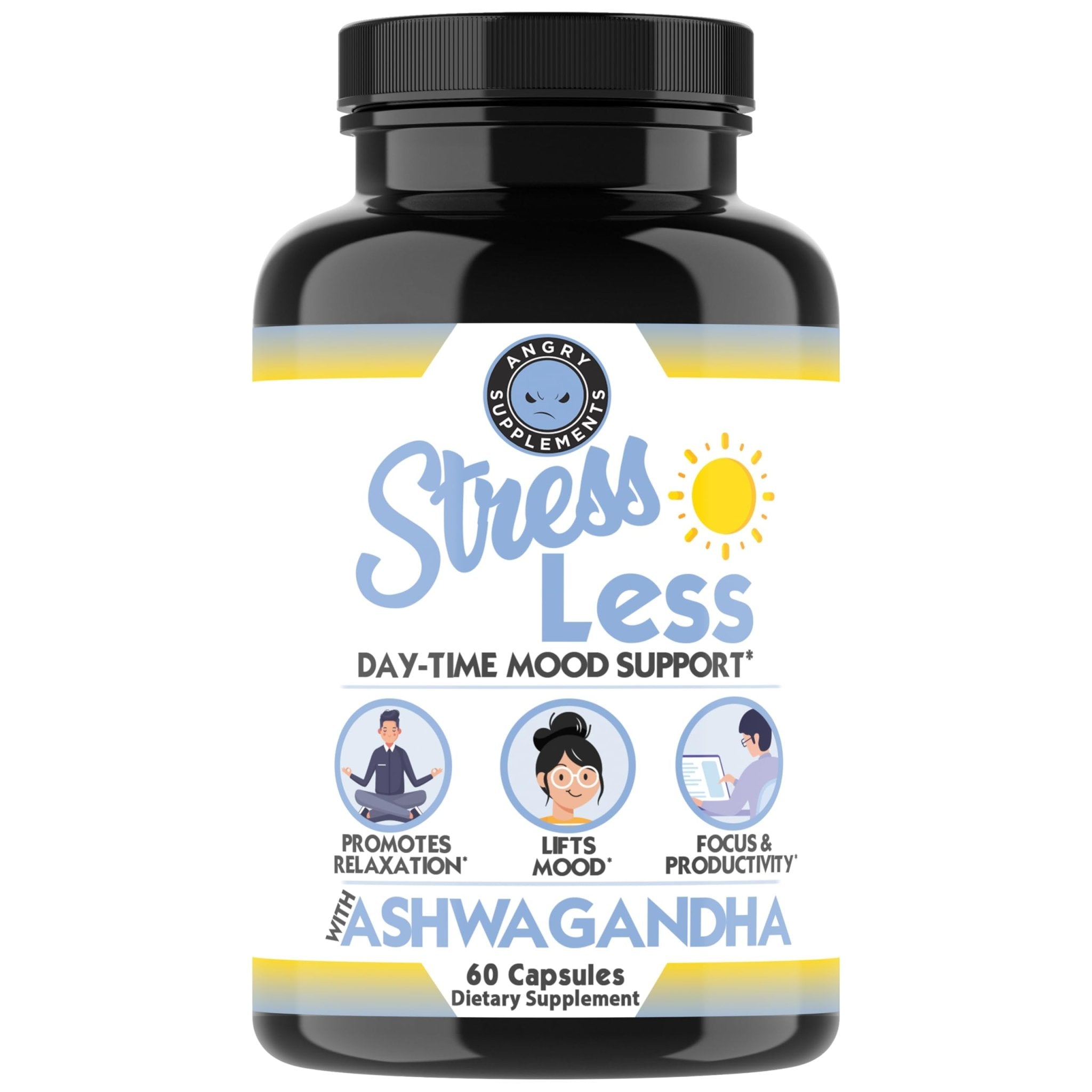 Angry Supplements Stress Less Day-Time Mood Support Pills – Natural Stress Relief with Ashwagandha, Rhodiola, L-Theanine, Magnesium & B Vitamins– Calm Focus & Mental Clarity – 60 Capsules (1-Bottle) - TrustMedUSA