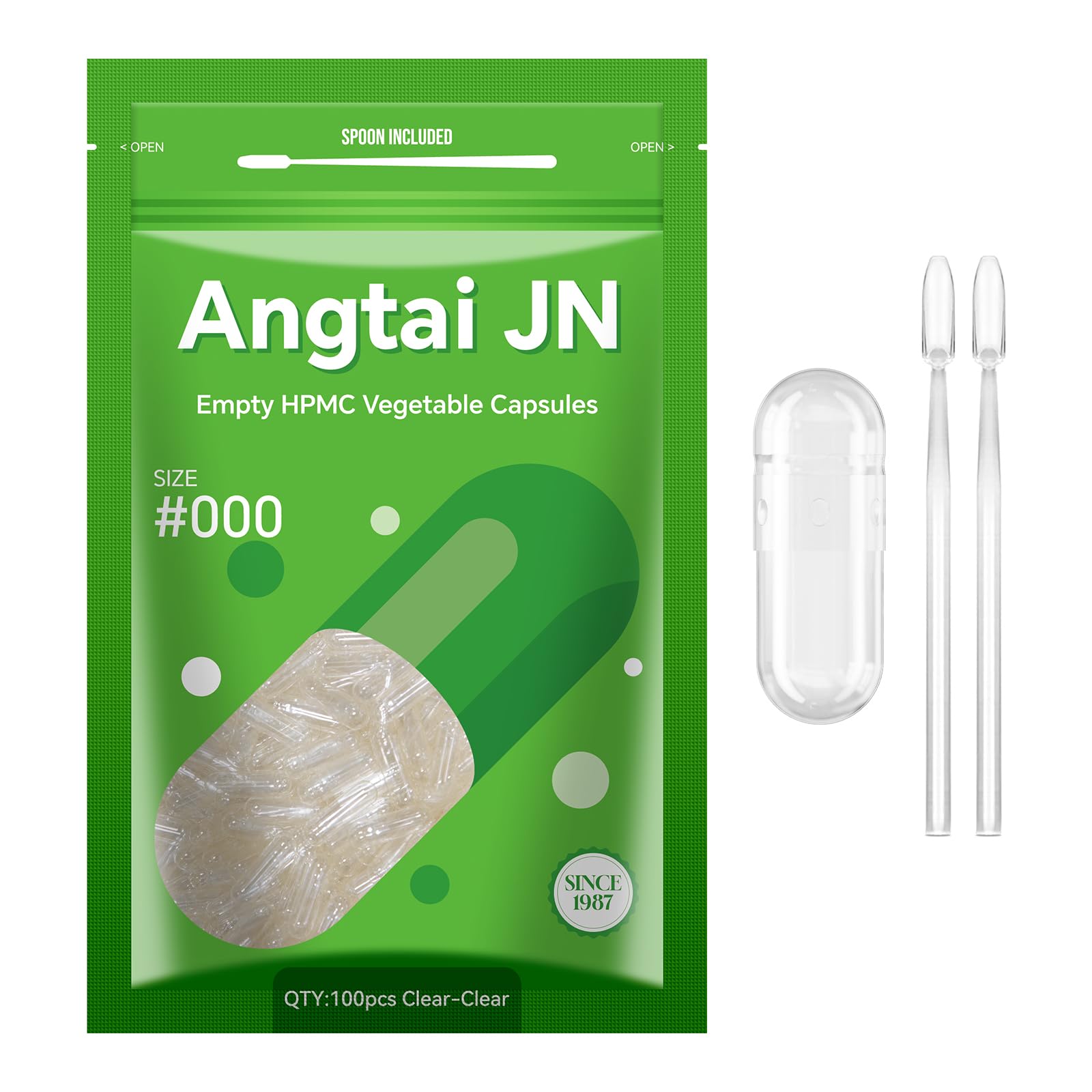Angtai JN Capsules Size 000 Vegan Empty Plant Based Clear (100 Count) Gluten Free, Non-GMO, Halal Certified Pill Caps Filling Kit with 2 Spoons for Vegetarian DIY Your Own Supplements - TrustMedUSA