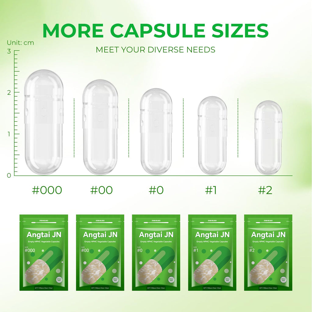 Angtai JN Capsules Size 000 Vegan Empty Plant Based Clear (100 Count) Gluten Free, Non-GMO, Halal Certified Pill Caps Filling Kit with 2 Spoons for Vegetarian DIY Your Own Supplements - TrustMedUSA