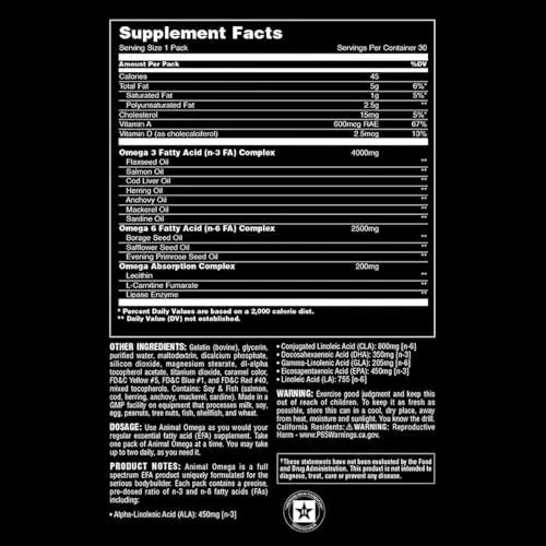 Animal Omega – Omega 3 & 6 Supplement – Fish Oil, Flaxseed Oil, Salmon Oil, Cod Liver - TrustMedUSA