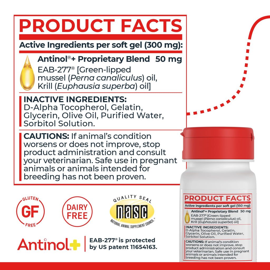 Antinol Plus, Mobility, Hip, and Joint Supplement for Cats, Green-Lipped Mussels and Krill Oil - Cat Joint Supplement, 60 Soft Gels - TrustMedUSA