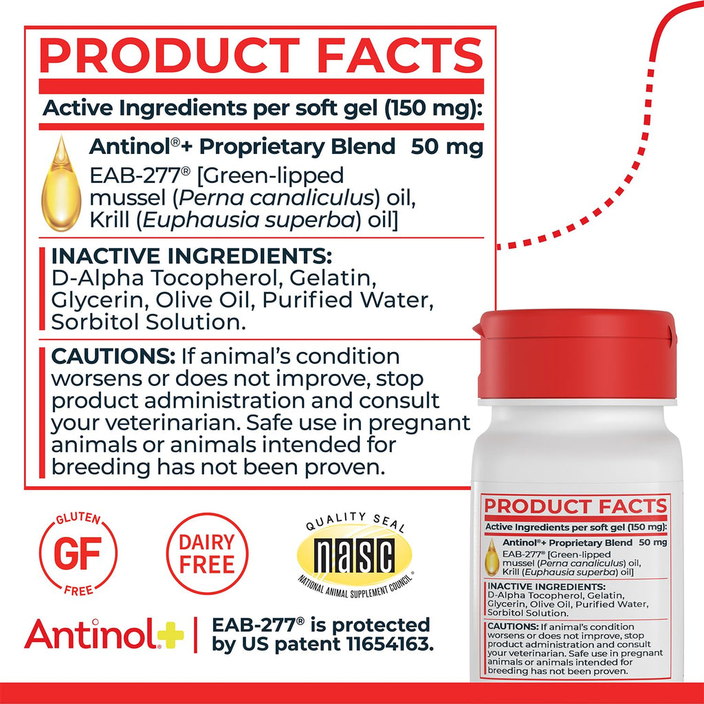 Antinol Plus, Mobility, Hip, and Joint Supplement for Dogs, Green-Lipped Mussels and Krill Oil - Dog Joint Supplement, Better and Faster Than Glucosamine and Chondroitin, 120 Soft Gels - TrustMedUSA