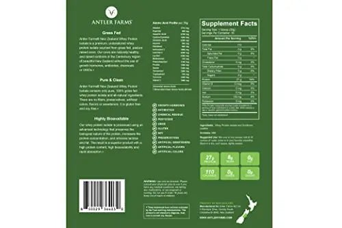Antler Farms - 100% Grass Fed New Zealand Whey Protein Isolate, Unflavored, 30 Servings - TrustMedUSA