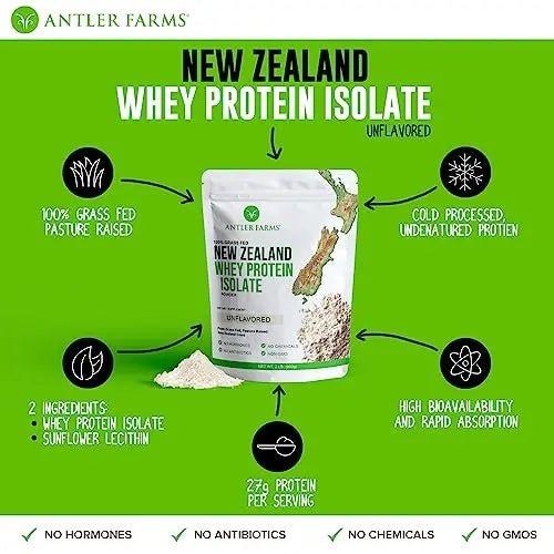 Antler Farms - 100% Grass Fed New Zealand Whey Protein Isolate, Unflavored, 30 Servings - TrustMedUSA
