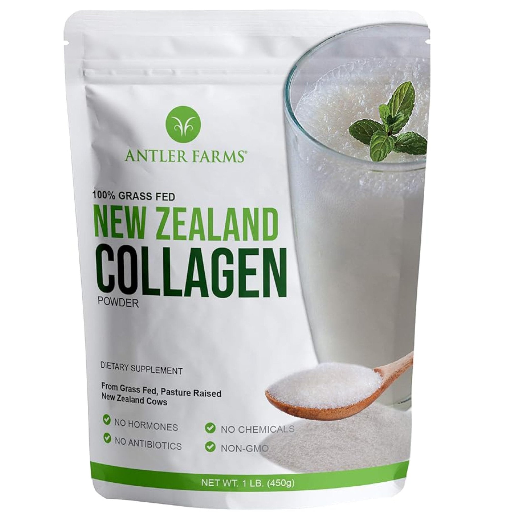 Antler Farms - 100% Pure New Zealand Collagen Powder from Grass Fed Cows, Unflavored, 1 lb - Hydrolyzed Cold Water Soluble Peptides, Keto Friendly, Bioavailable, Quick Dissolving - Maple Wellness Supplements