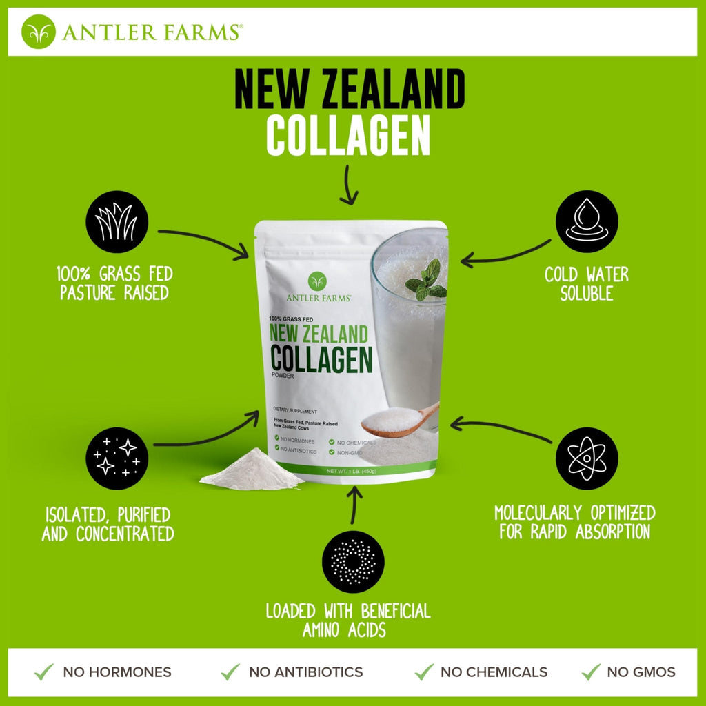 Antler Farms - 100% Pure New Zealand Collagen Powder from Grass Fed Cows, Unflavored, 1 lb - Hydrolyzed Cold Water Soluble Peptides, Keto Friendly, Bioavailable, Quick Dissolving - Maple Wellness Supplements