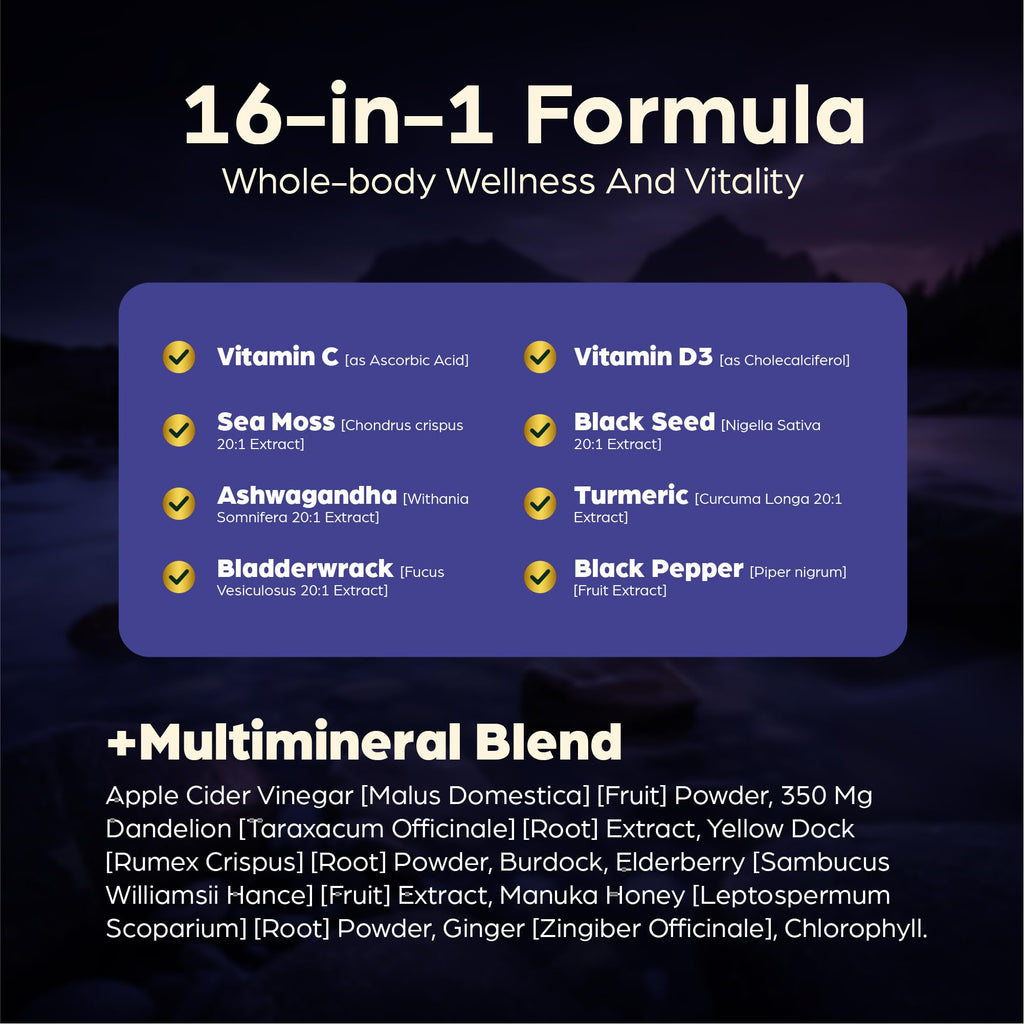 Anuva 16-in-1 Sea Moss Capsules | Black Seed Oil, Ashwagandha, with Vitamin C, D3, Turmeric, Burdock, Bladderwrack & Multi-Minerals | Immune, Skin, Joint & Energy Support | 60 Veggie Capsules - TrustMedUSA