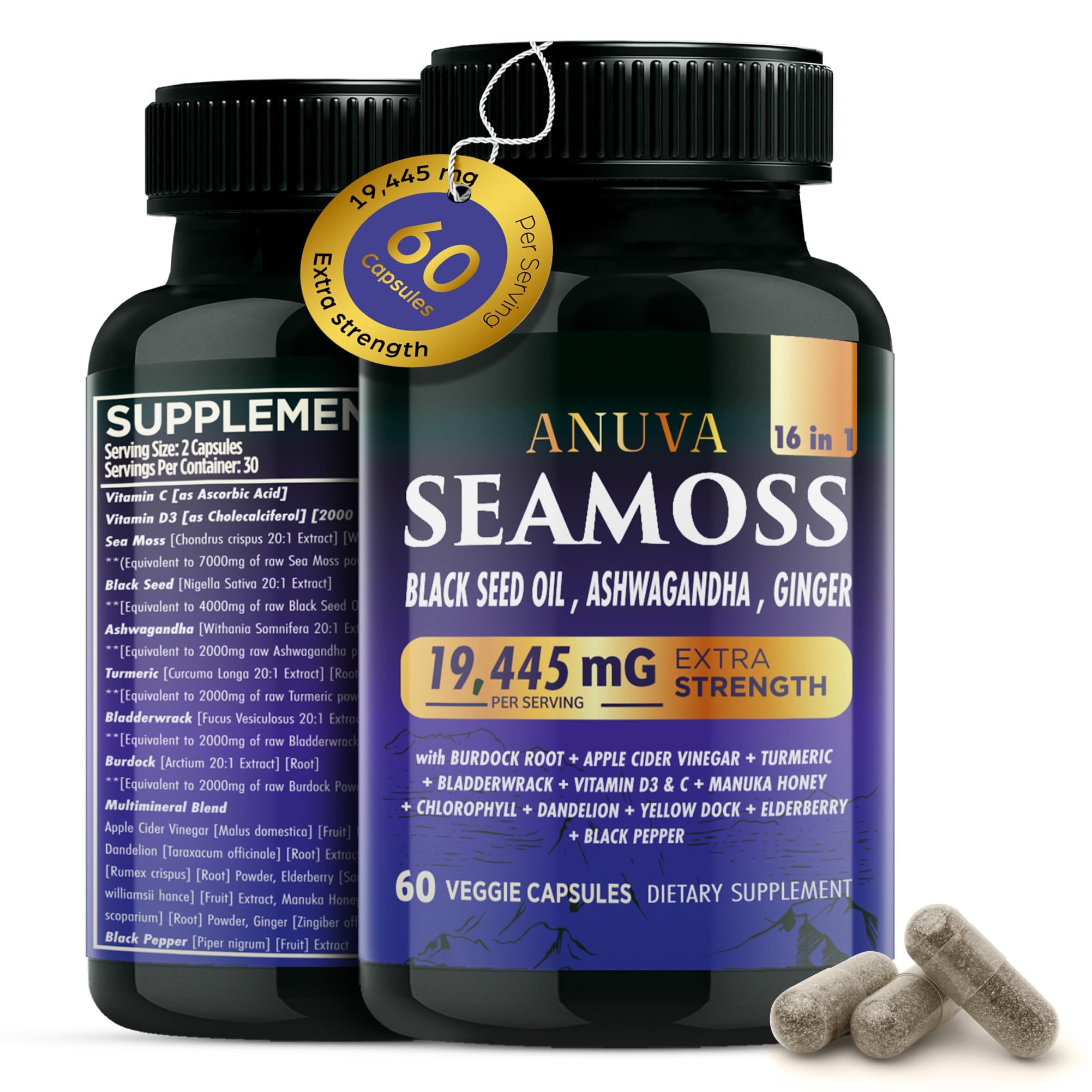 Anuva 16-in-1 Sea Moss Capsules | Black Seed Oil, Ashwagandha, with Vitamin C, D3, Turmeric, Burdock, Bladderwrack & Multi-Minerals | Immune, Skin, Joint & Energy Support | 60 Veggie Capsules - TrustMedUSA