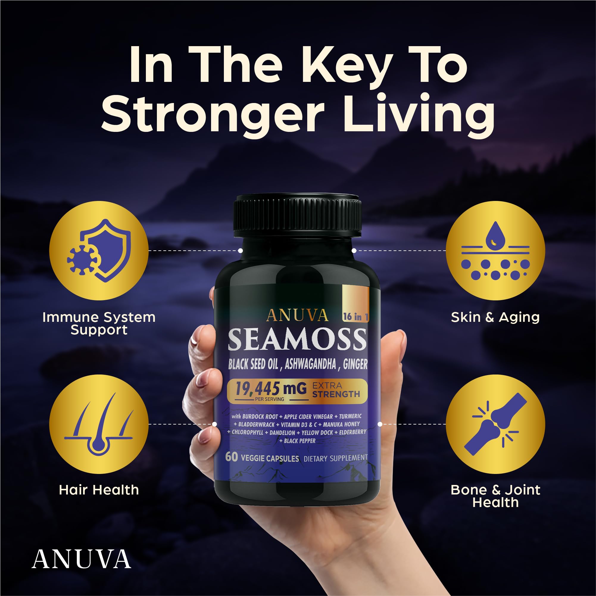 Anuva 16-in-1 Sea Moss Capsules | Black Seed Oil, Ashwagandha, with Vitamin C, D3, Turmeric, Burdock, Bladderwrack & Multi-Minerals | Immune, Skin, Joint & Energy Support | 60 Veggie Capsules - TrustMedUSA