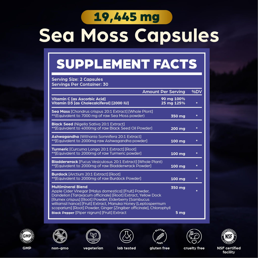 Anuva 16-in-1 Sea Moss Capsules | Black Seed Oil, Ashwagandha, with Vitamin C, D3, Turmeric, Burdock, Bladderwrack & Multi-Minerals | Immune, Skin, Joint & Energy Support | 60 Veggie Capsules - TrustMedUSA