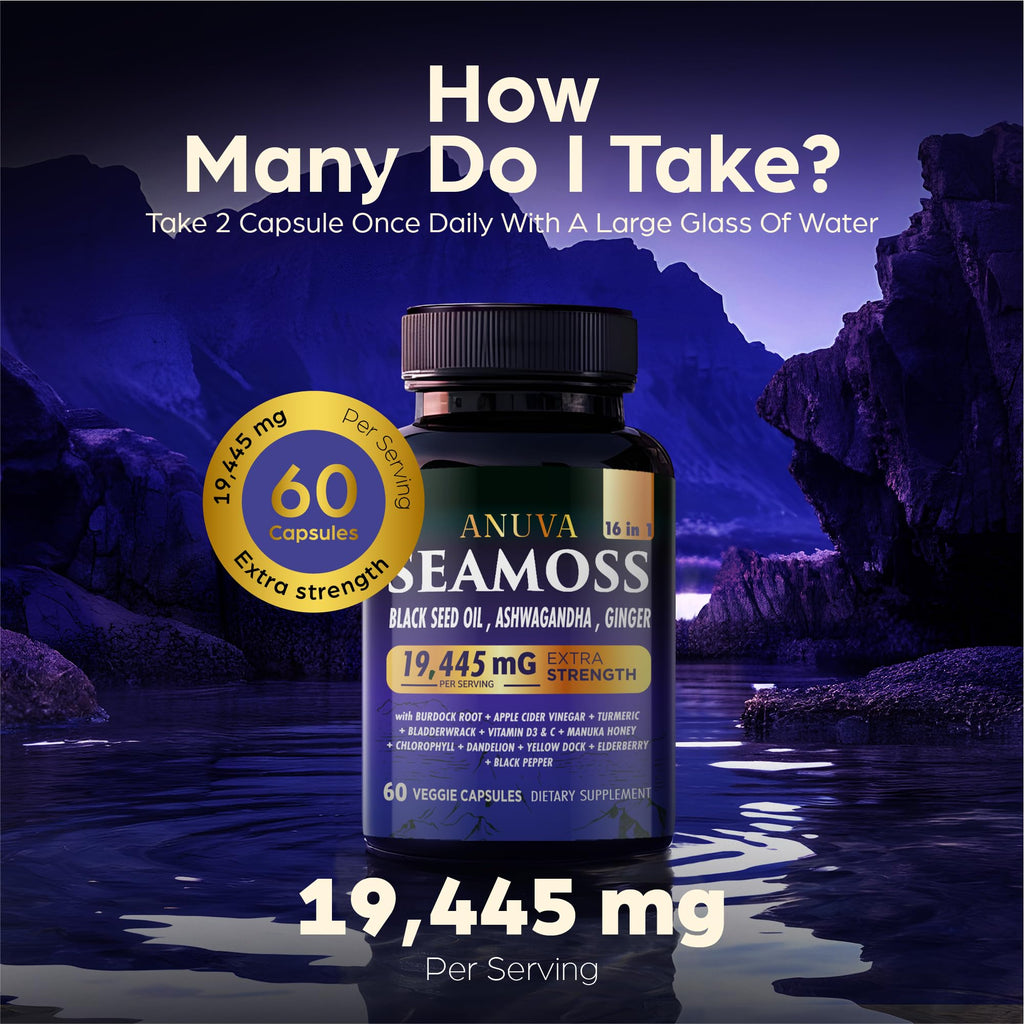 Anuva 16-in-1 Sea Moss Capsules | Black Seed Oil, Ashwagandha, with Vitamin C, D3, Turmeric, Burdock, Bladderwrack & Multi-Minerals | Immune, Skin, Joint & Energy Support | 60 Veggie Capsules - TrustMedUSA