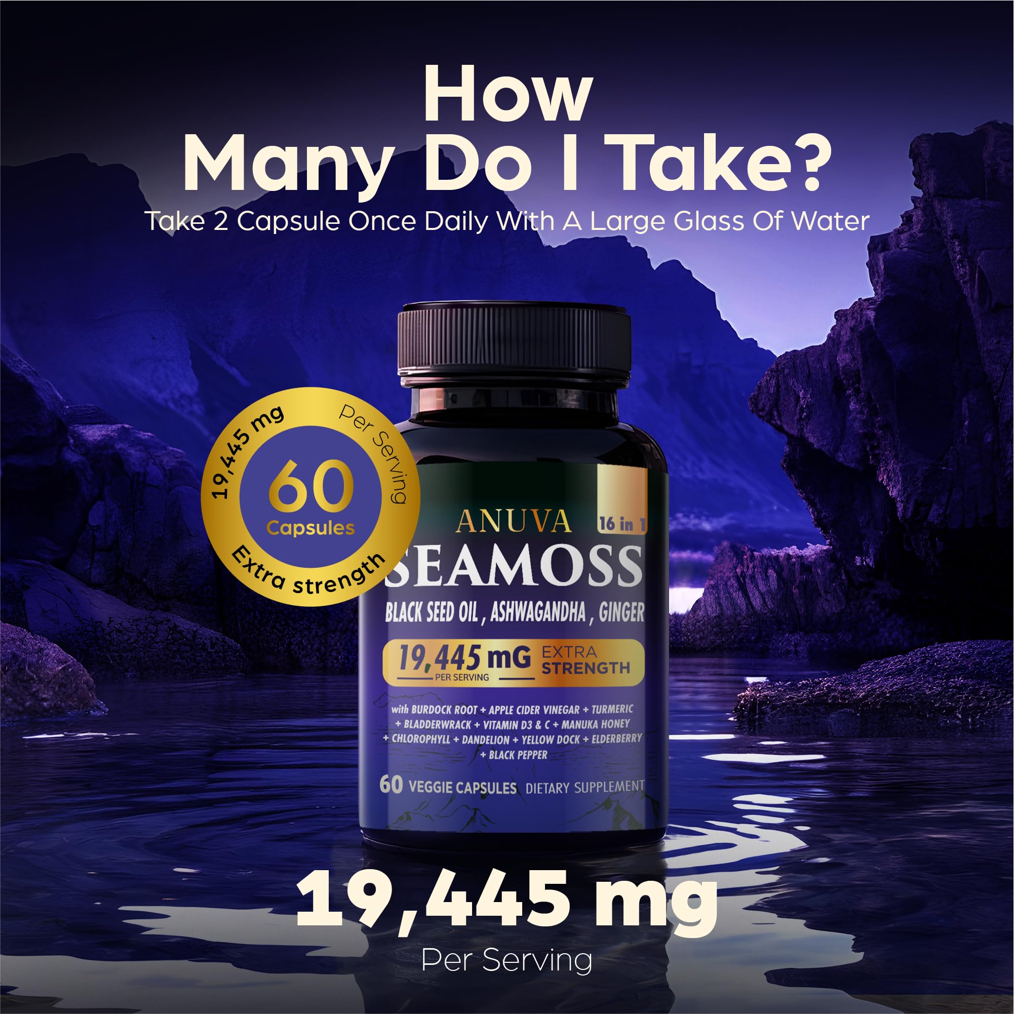 Anuva 16-in-1 Sea Moss Capsules | Black Seed Oil, Ashwagandha, with Vitamin C, D3, Turmeric, Burdock, Bladderwrack & Multi-Minerals | Immune, Skin, Joint & Energy Support | 60 Veggie Capsules - TrustMedUSA