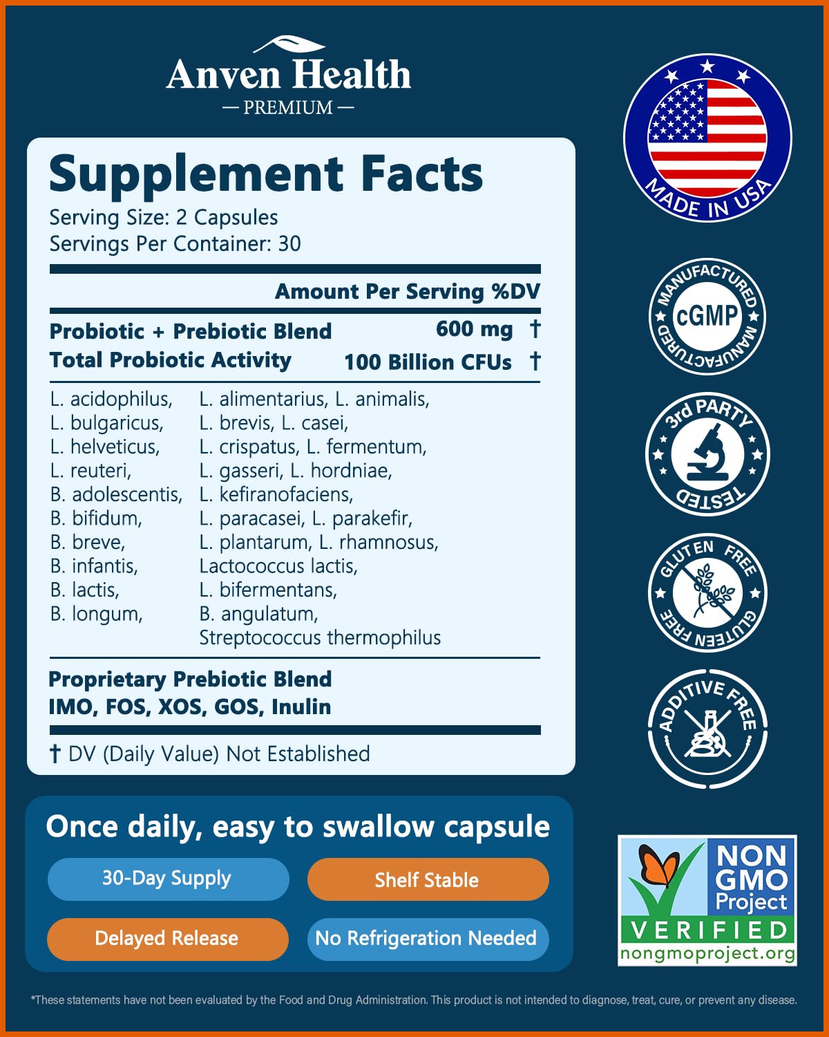 Anven Health 100 Billion Probiotics for Men and Women 27 Strains 5 Organic Prebiotics for Gut Digestive & Immune Health, Supports Diarrhea Gas Bloating, - Maple Wellness Supplements
