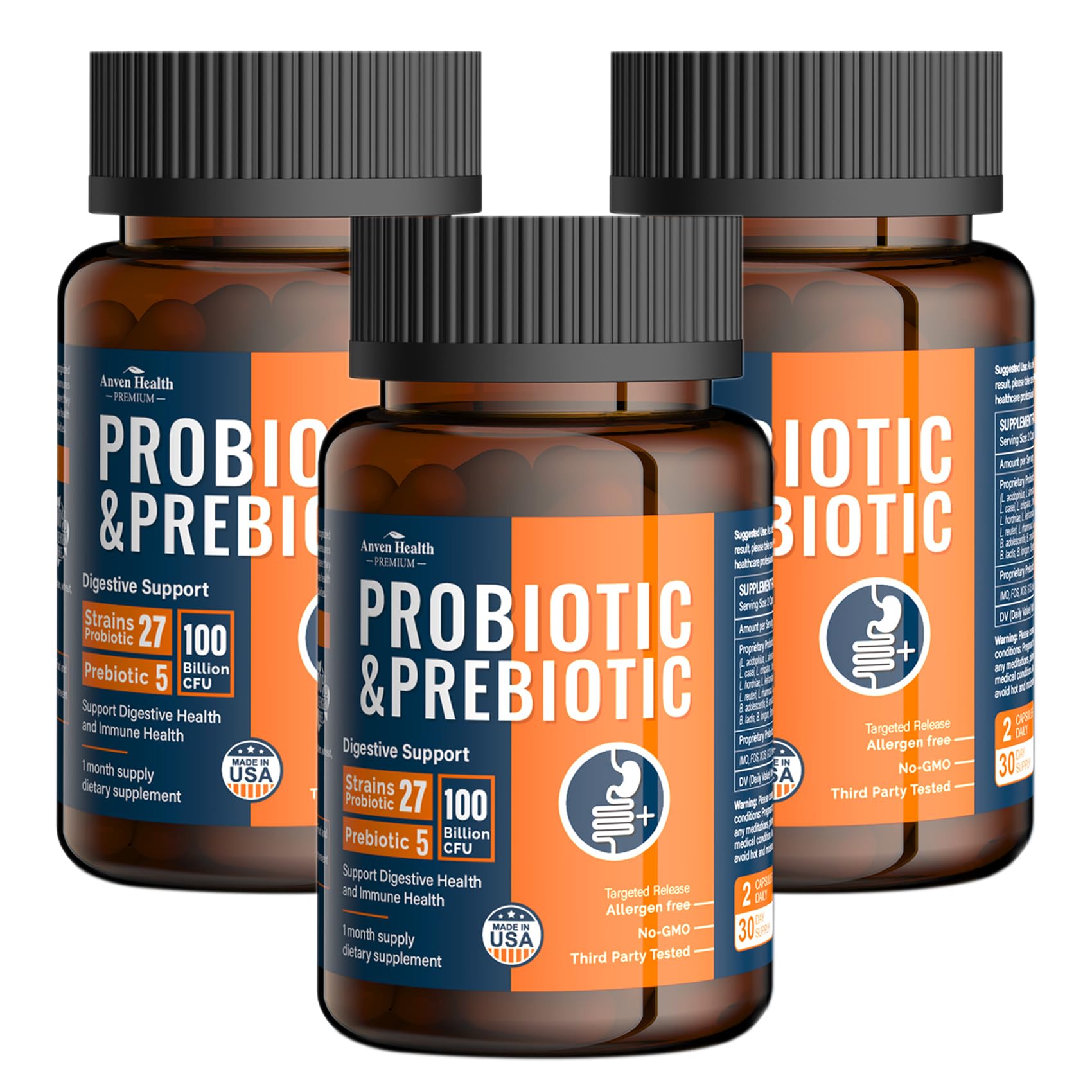 Anven Health 100 Billion Probiotics for Men and Women 27 Strains 5 Organic Prebiotics for Gut Digestive & Immune Health, Supports Diarrhea Gas Bloating - Maple Wellness Supplements